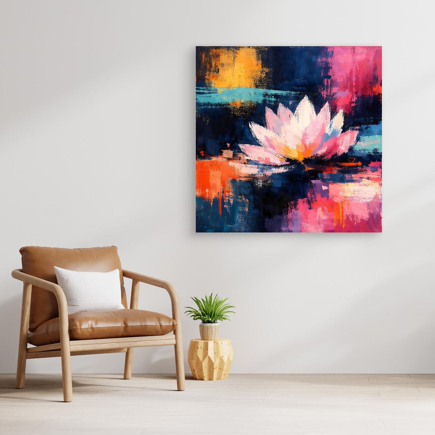Gerahmtes Leinwandbild mit hellem Holzrahmen: Lotusblüte in Weiß und Pink, abstrakt in Blau/Rot.