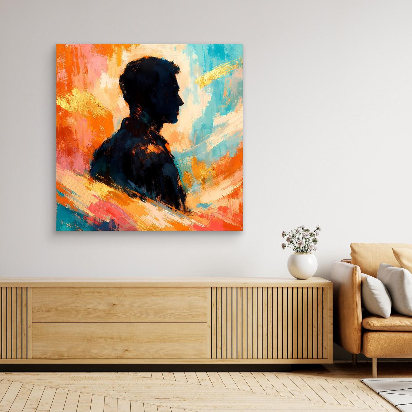 Ungerahmtes Leinwandbild mit abstrakter Männer-Silhouette, bunte orange-blaue Pinselstriche.