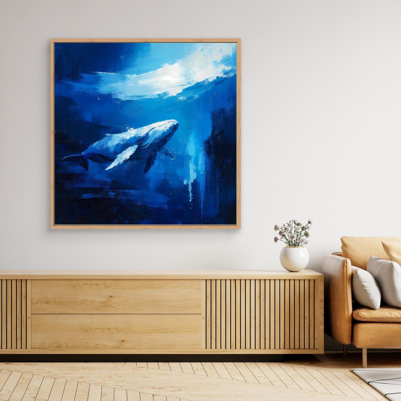Premium Leinwand Majestätischer Wal im Ozean | Abstraktes Kunst Poster Modernes Blaues Wandbild