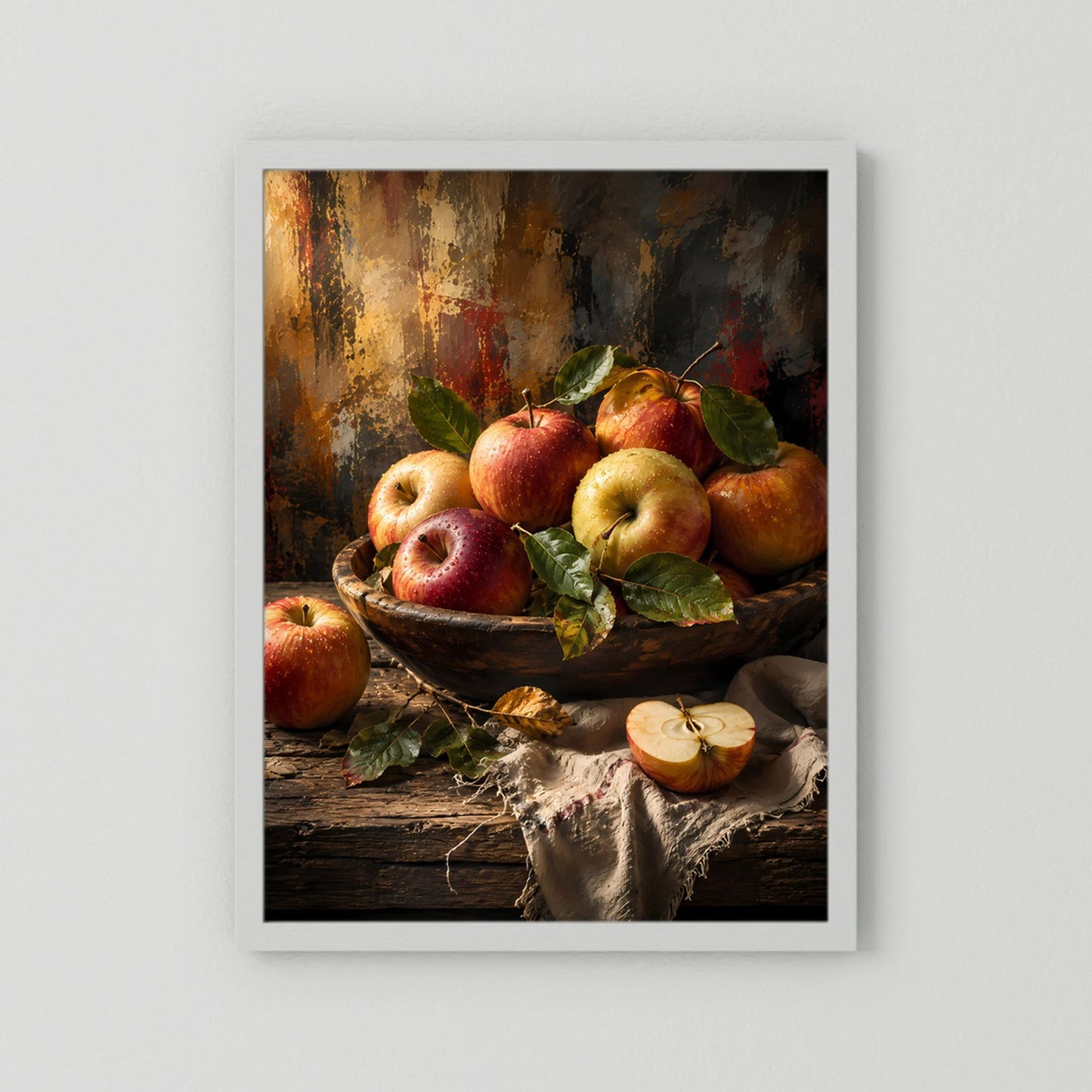 Hochformatiges Apfel-Poster mit roten und gelben Äpfeln, weiße Umrandung und Rahmen