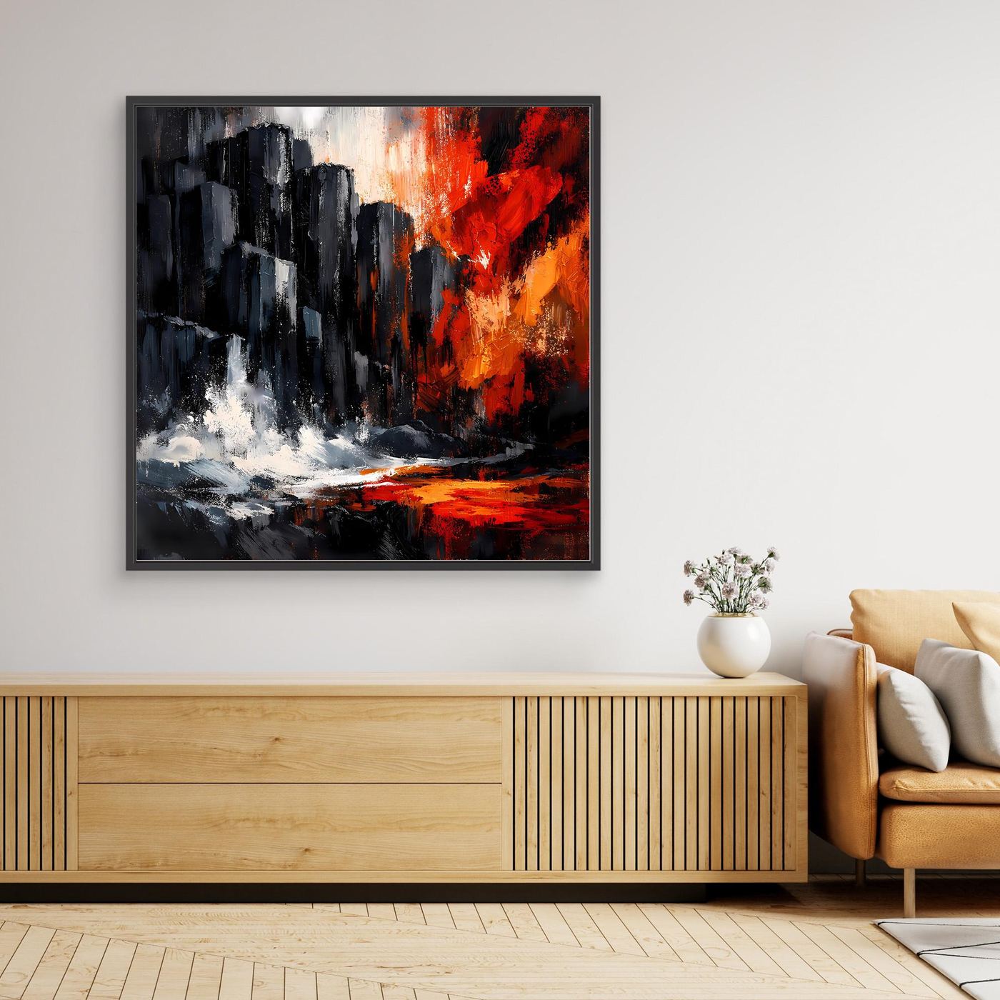 Gerahmtes quadratisches Leinwand-Wandbild: abstrakte Felsküste mit rotem/orangenem Himmel