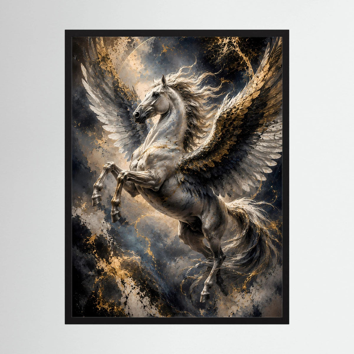 Gerahmtes Pegasus-Poster im Hochformat: silbergraues Pferd mit goldenen Flügeln.