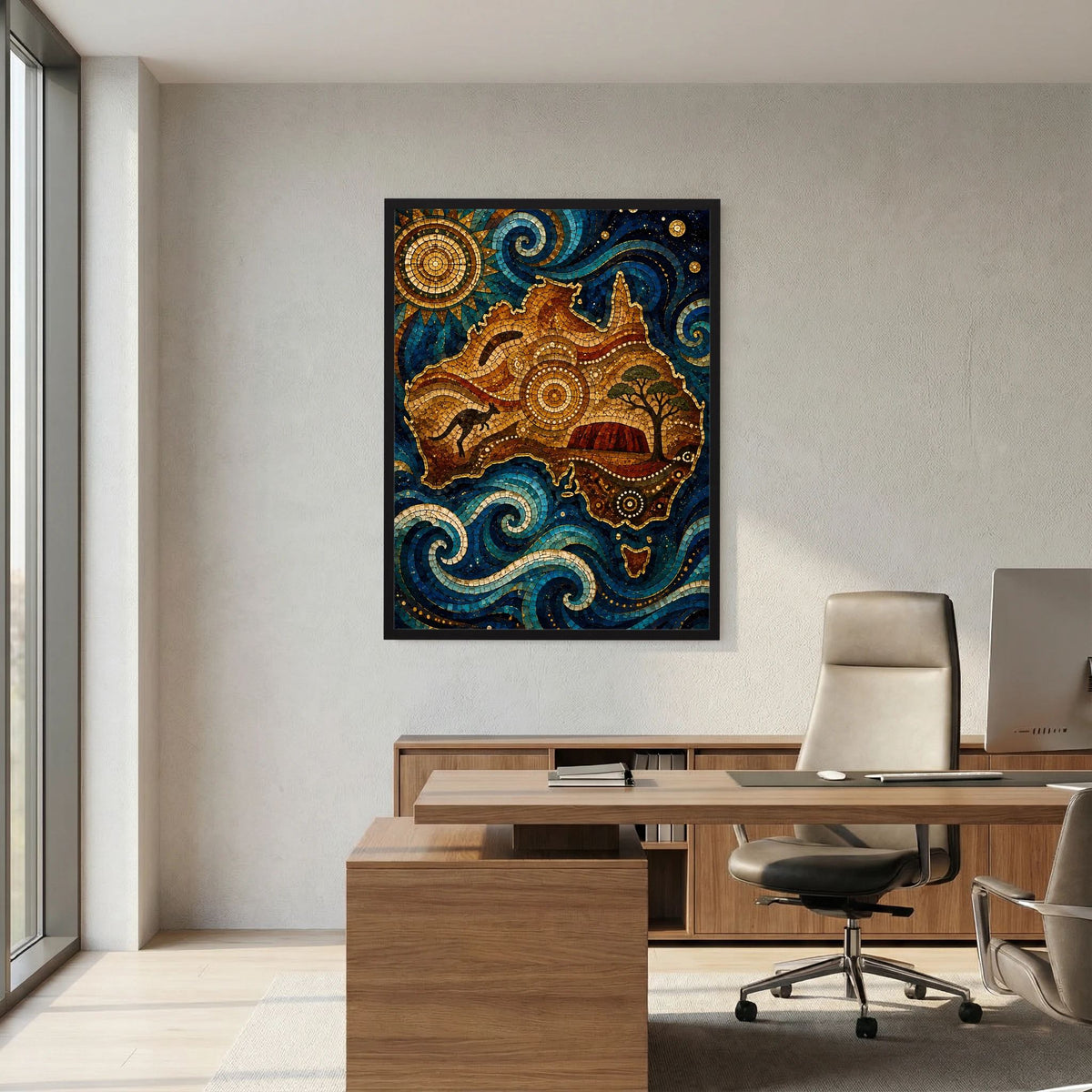 Gerahmtes Poster mit Känguru-Mosaik und Wellen, blaue Flächen mit goldenen Details