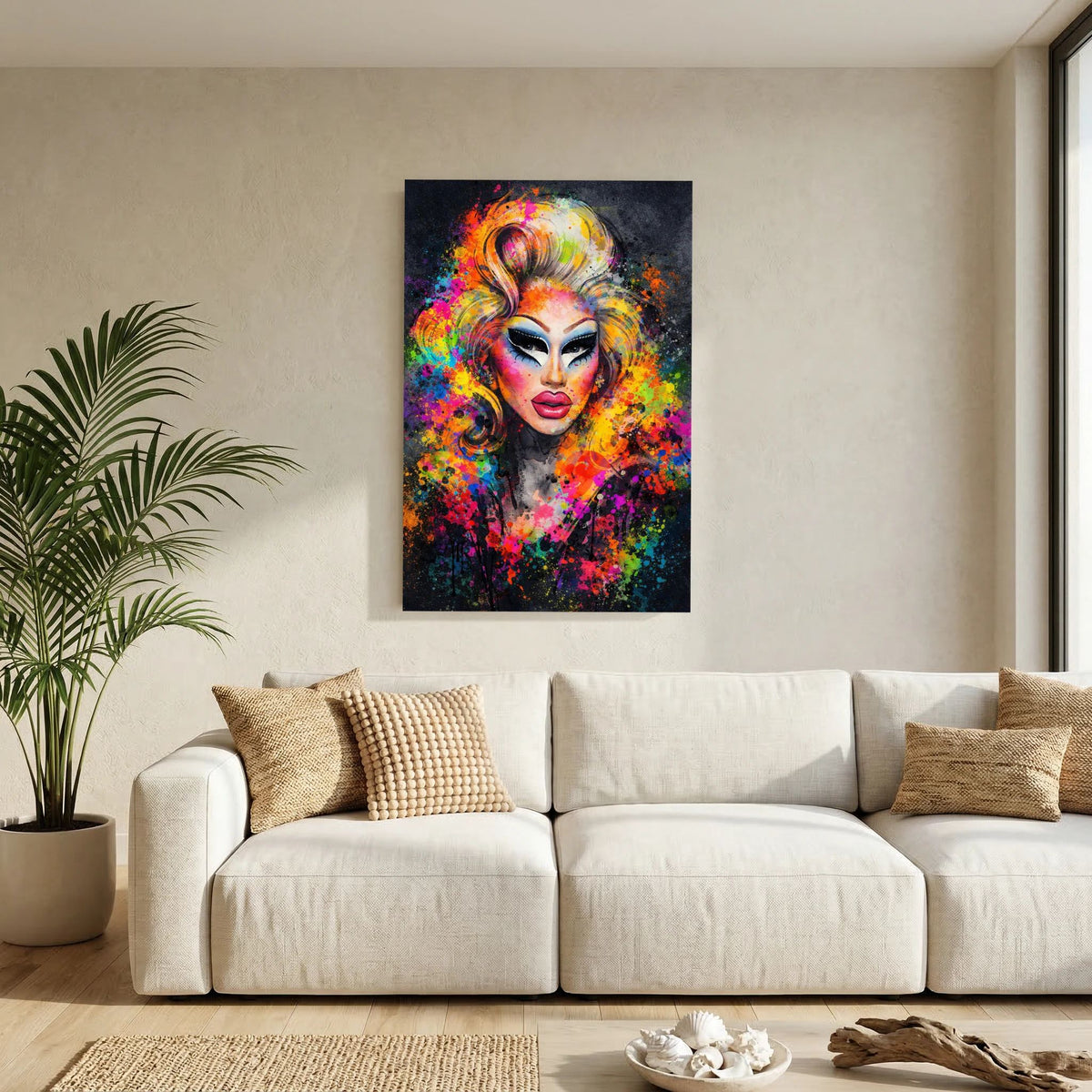 Poster im Hochformat mit Drag-Queen-Porträtmaske, leuchtende Farbflächen.