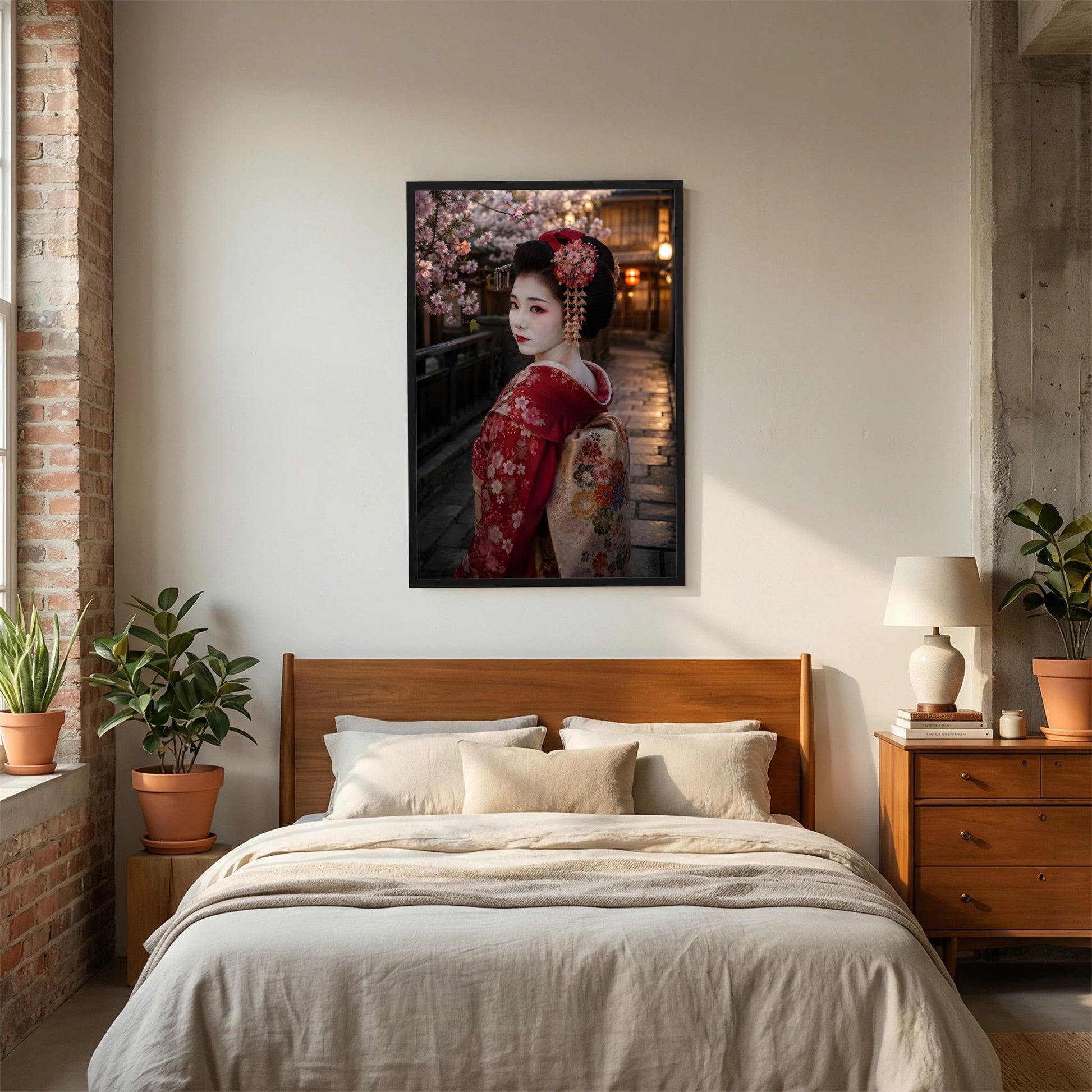 Poster mit Geisha im rotem Kimono und Kirschblüten, brauner Holzrahmen