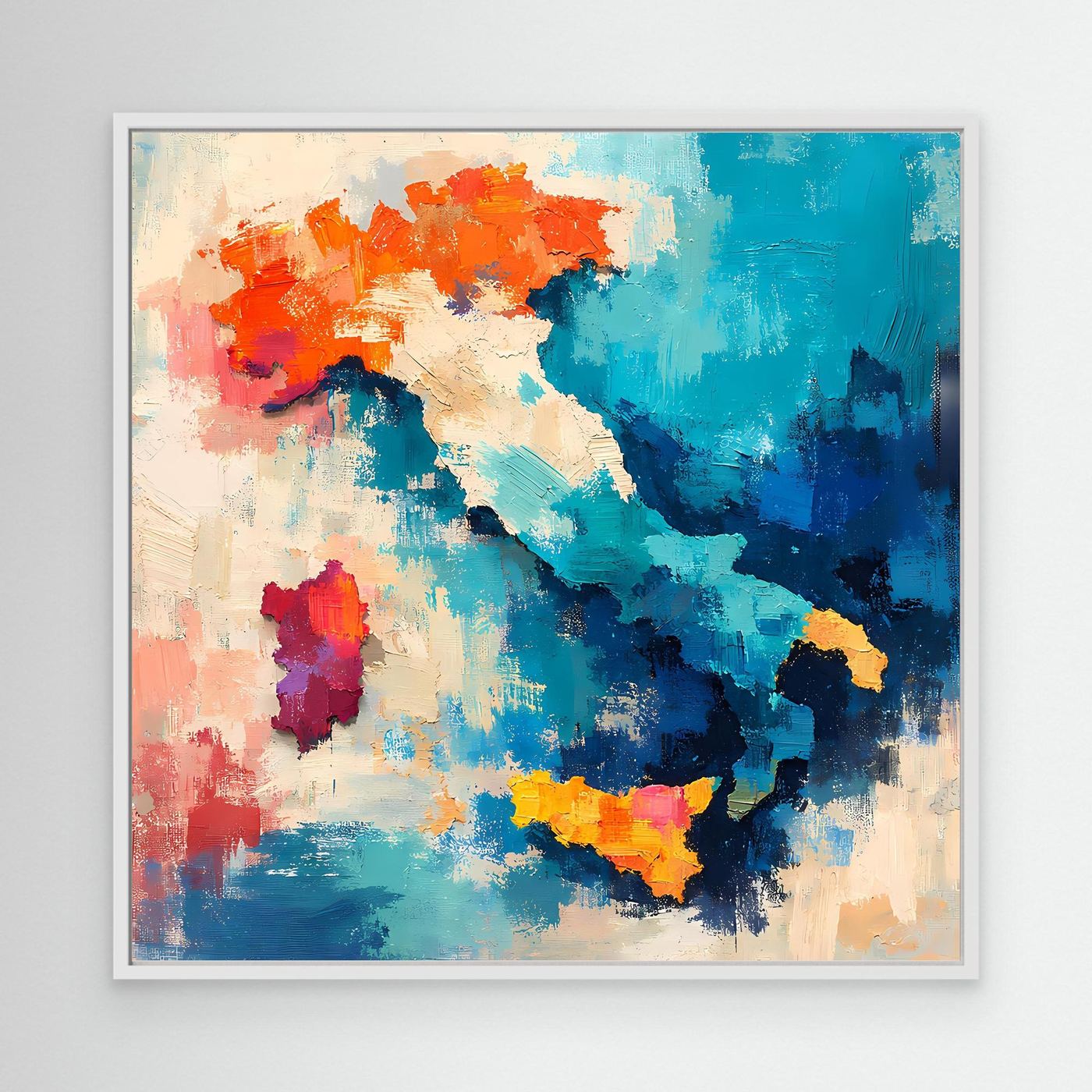 Abstract Italy map wall canvas with blue, orange, and red blotches in white frame