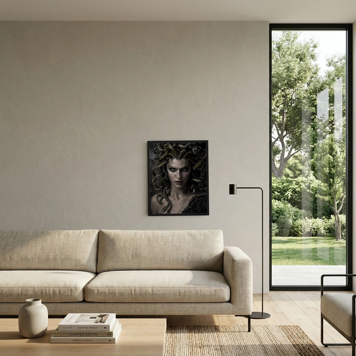 Gerahmtes Poster mit Medusa-Gesicht und grünen Schlangenhaaren über Sofa