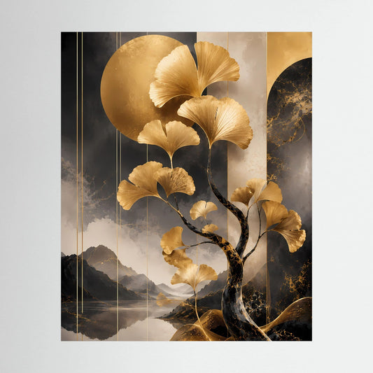 Hochformat-Poster mit goldenem Ginkgobaum und Blattzweigen über dunkler Berglandschaft