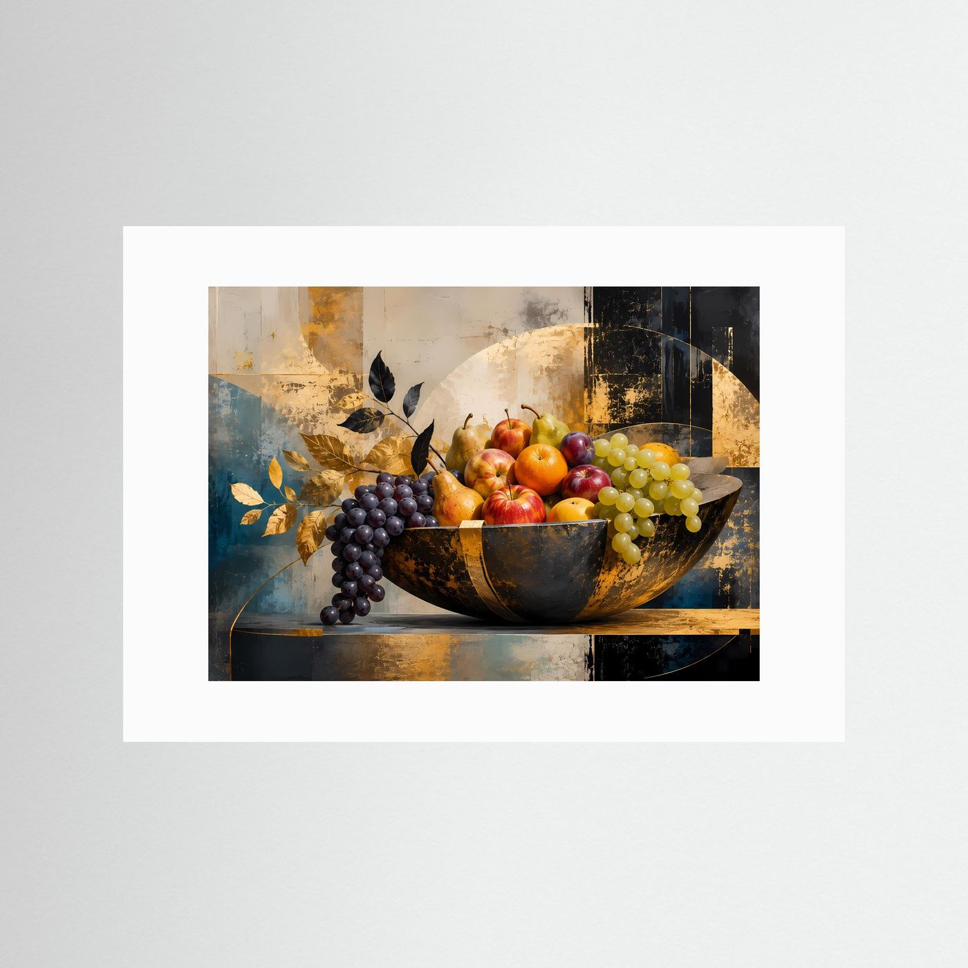 Poster mit Obstschale und weißem Passepartout: dunkle Schale mit goldenen Akzenten