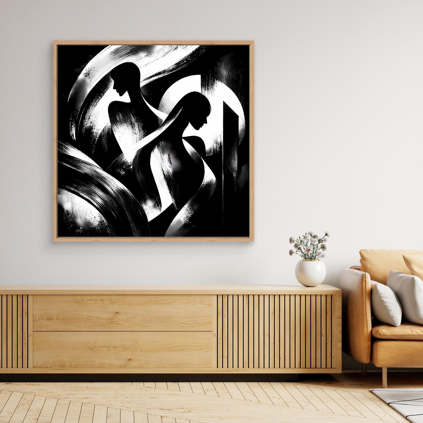 Wandbild auf Leinwand mit schwarz-weißen abstrakten Silhouetten, heller Holzrahmen