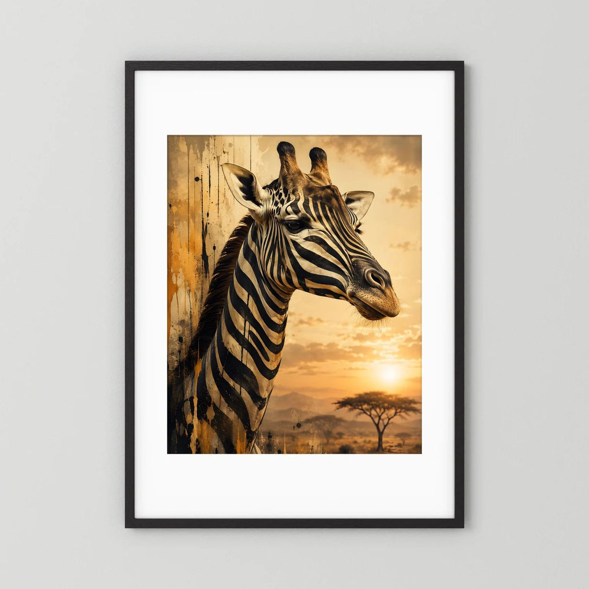 Tierposter im Hochformat: Giraffe im Zebra-Look, schwarzer Rahmen mit weißem Rand