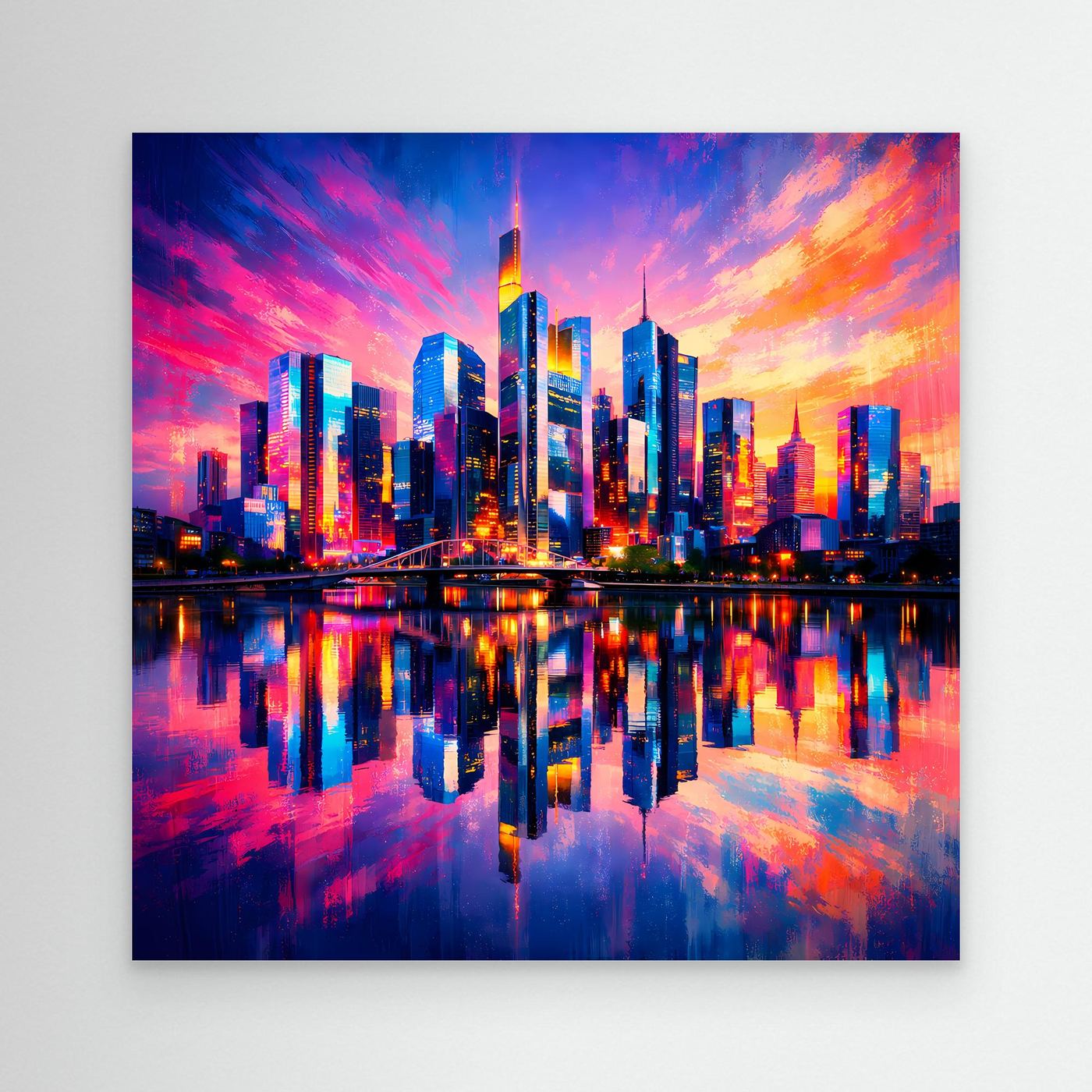 Leinwand Farbenfrohe Frankfurt Skyline bei Sonnenuntergang | Modernes Wandbild