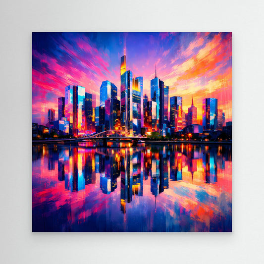 City skyline canvas wall art with colorful sunset sky and mirrored reflections