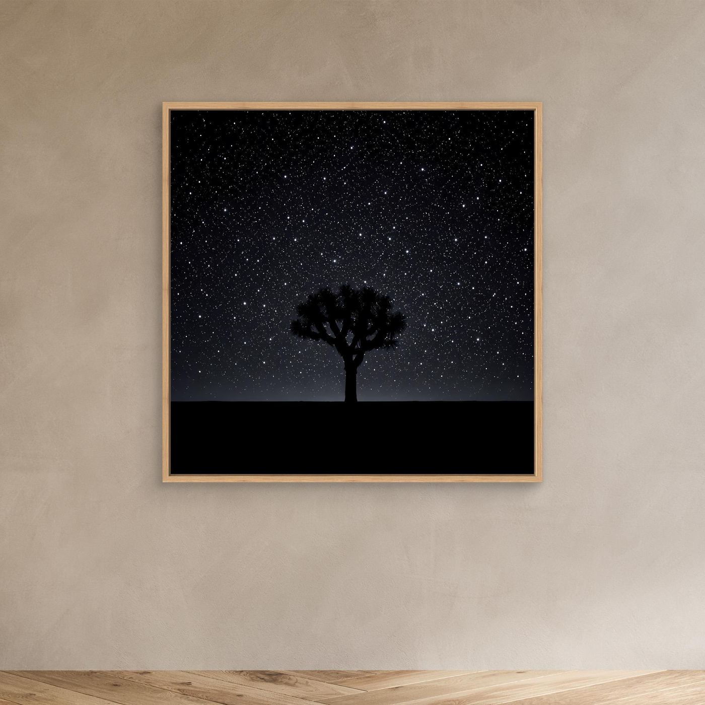 Leinwandbild Sternenhimmel mit Baum-Silhouette und Wüstenlinie, Holzrahmen (Eiche)
