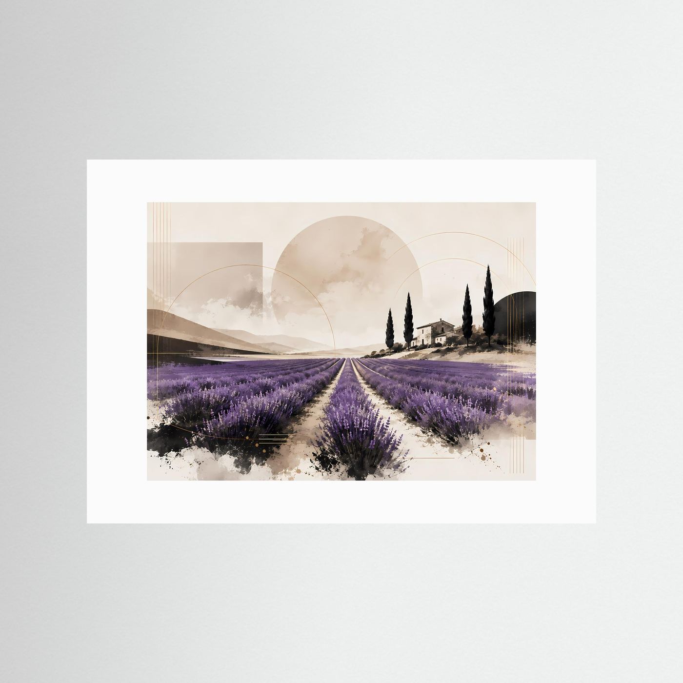 Lavendelfeld in der Provence mit Zypressen & Landhaus | Abstrakte mediterrane Landschaft in Lila, Creme, Beige, Schwarz & Gold | Elegantes Lavendel Wandbild im Querformat