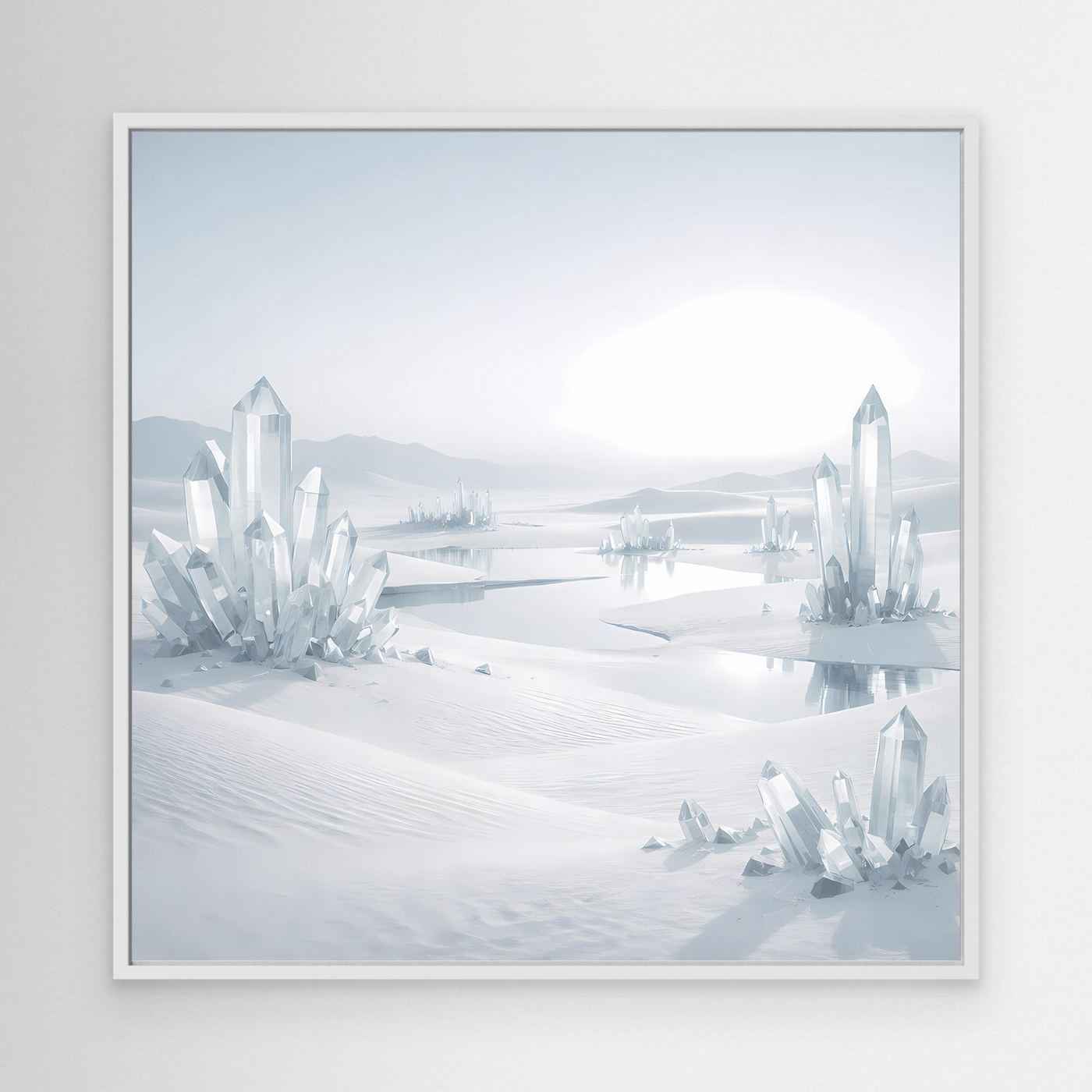 Leinwandbild mit Kristall-Eislandschaft im Winter, weißer Rahmen