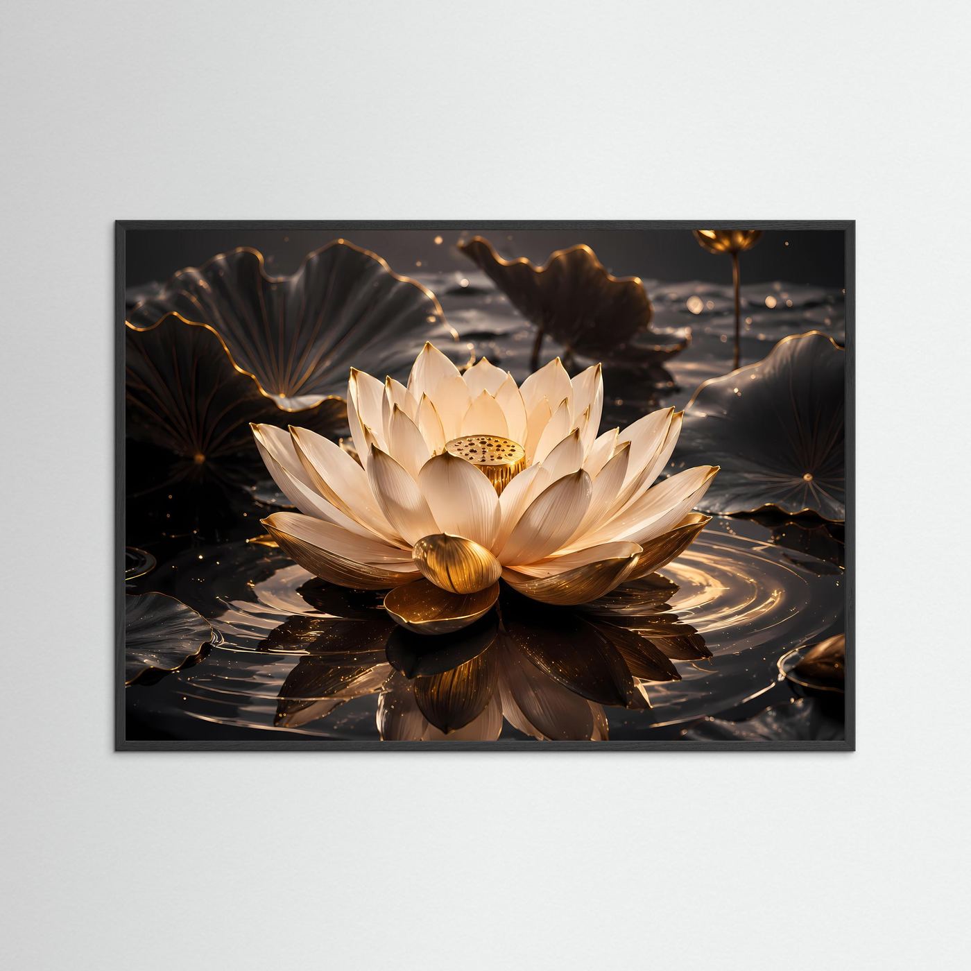 Edle Lotosblüte im goldenen Wasser | Spirituelle Kunst & Zen Poster Querformat
