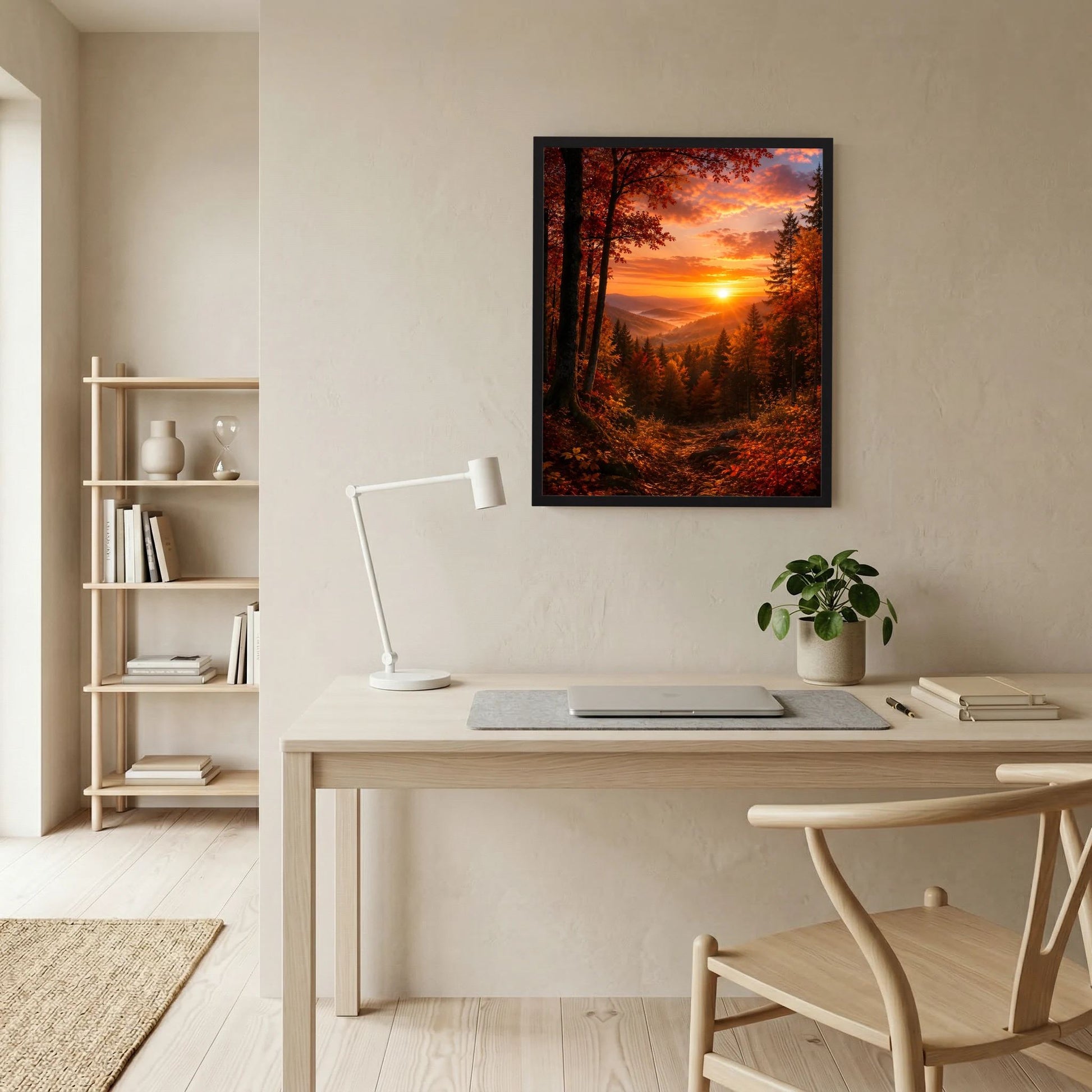 Hochformatiges Kunstposter Herbstwald mit strahlender Sonne am Horizont, orangefarben, schwarzer Rahmen