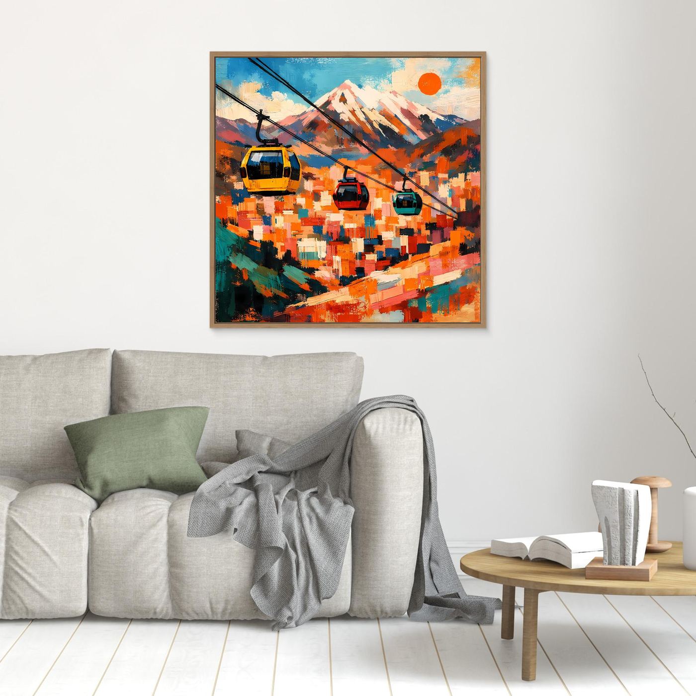 Abstraktes Leinwand-Wandbild mit Seilbahn-Gondeln, klein, braun gerahmt, farbiges Bergpanorama