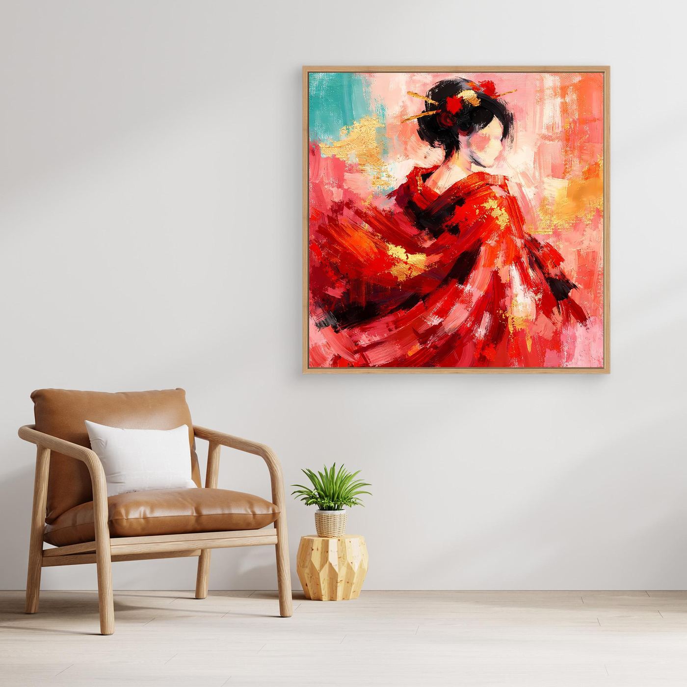 Gerahmtes abstraktes Leinwandbild: Geisha in Rot, schwarzes Haar und goldene Pinselstriche