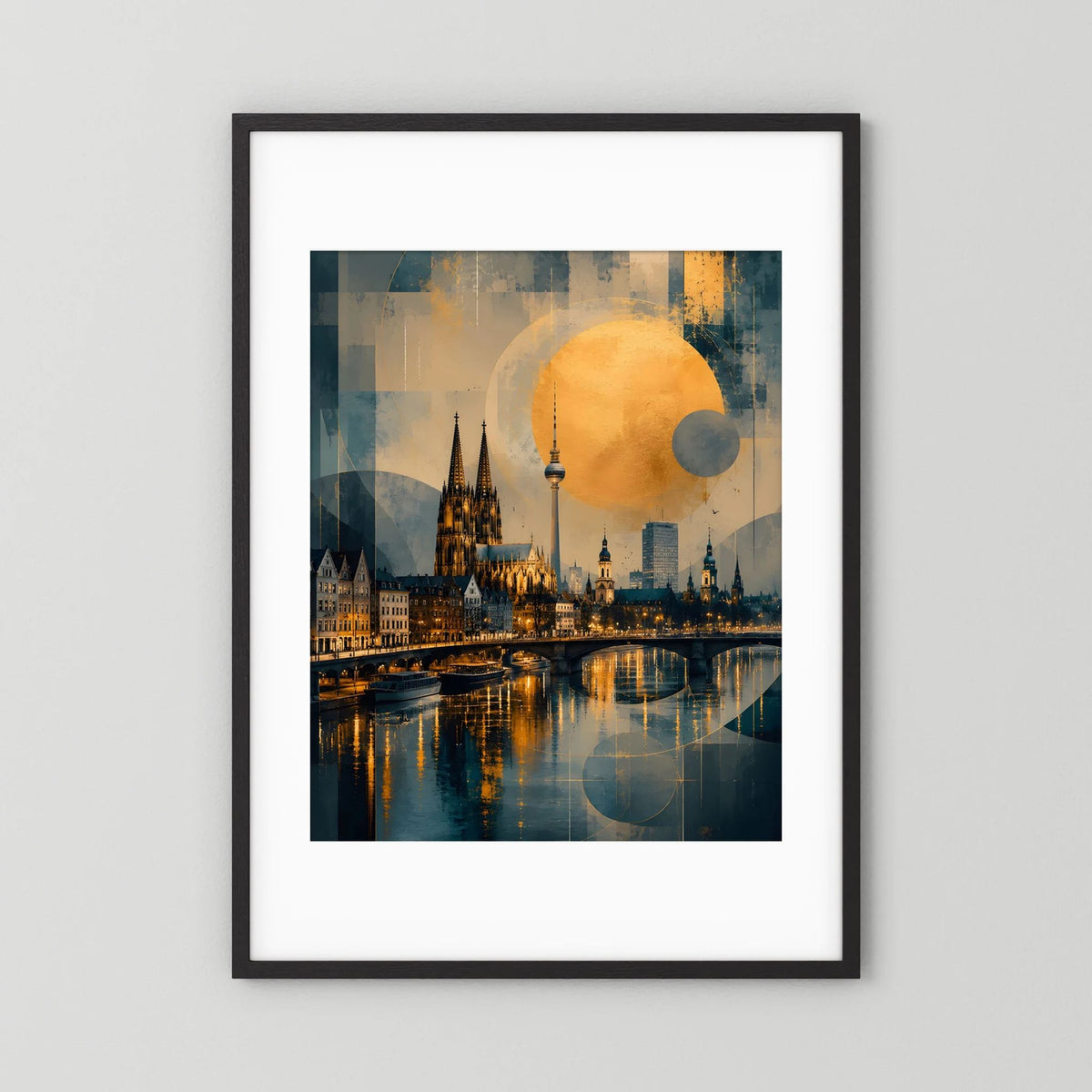 Hochformat-Poster Köln-Skyline mit Gold-Lichtkreis, schwarzer Rahmen mit weißem Rand