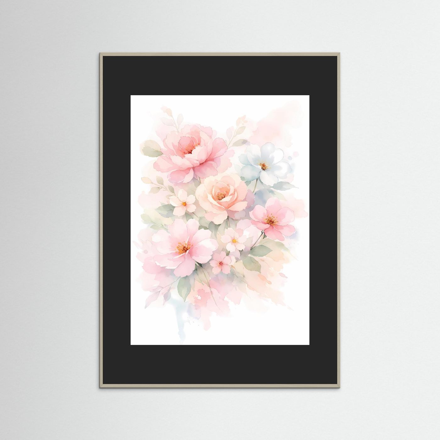 Wandbild mit Blumenbouquet im Aquarellstil, schwarzer Rahmen und weißer Bildausschnitt