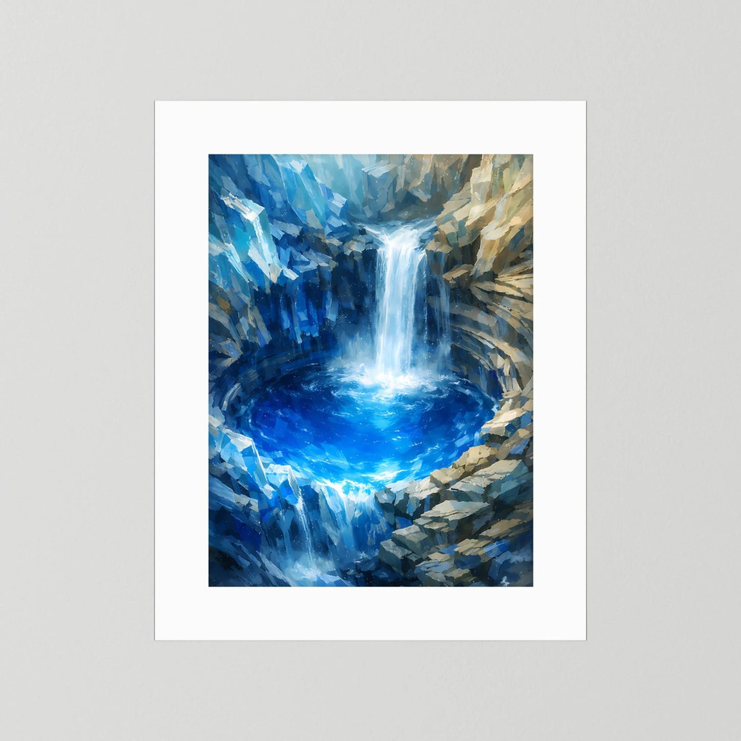Poster im Hochformat mit abstraktem Wasserfall in Blau/Türkis, weißer Einrahmung