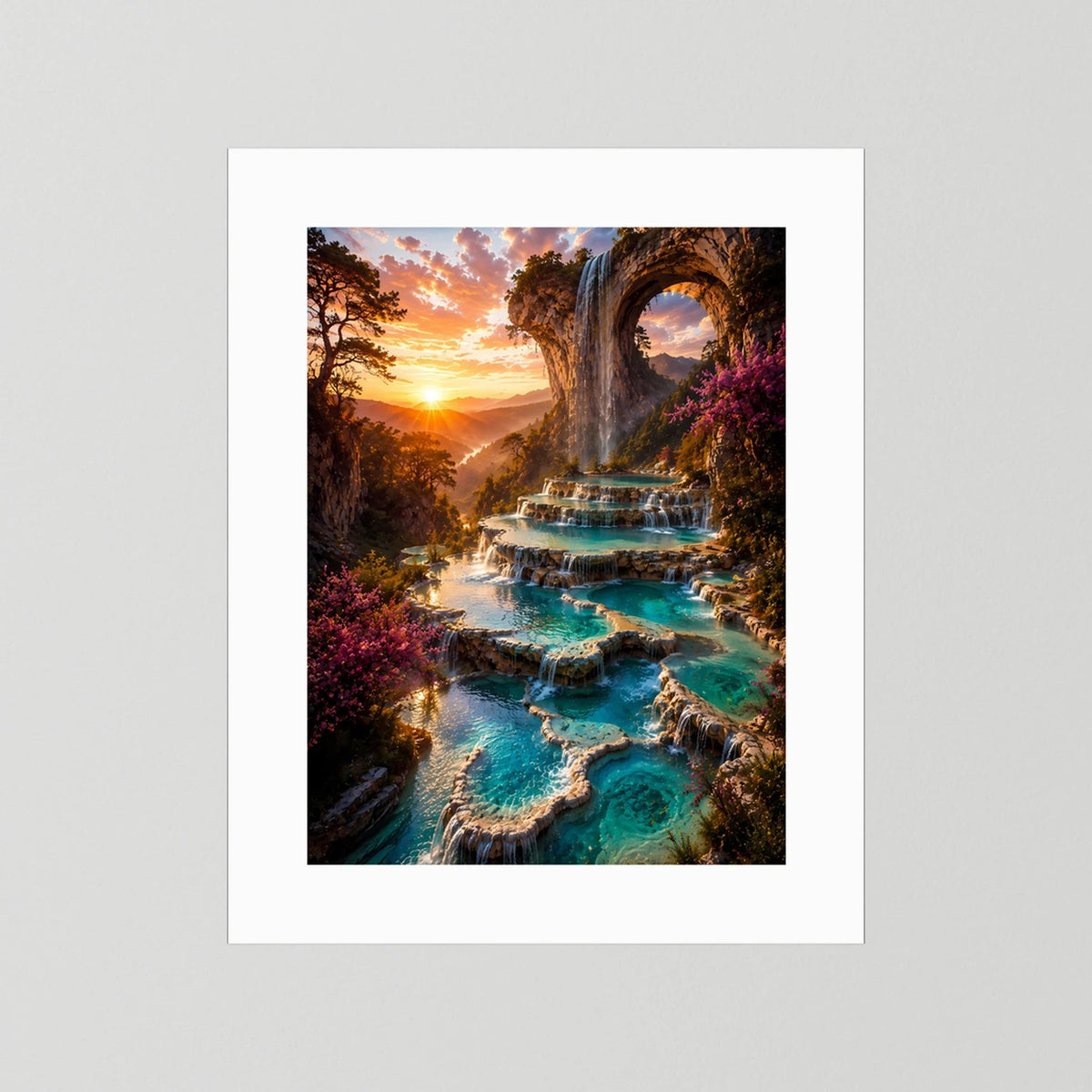 Kunstposter Hochformat ohne Rahmen, Wasserfall und türkisfarbenes Flussbett im Felsentor