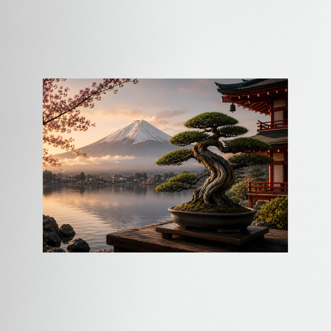 Japanischer Bonsai mit Fuji | Harmonische Zen Wandkunst