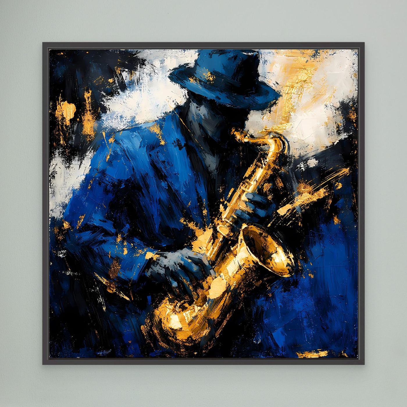 Leinwand Eleganter Jazz-Saxophonist in Blau und Gold | Abstraktes Musik Wandbild