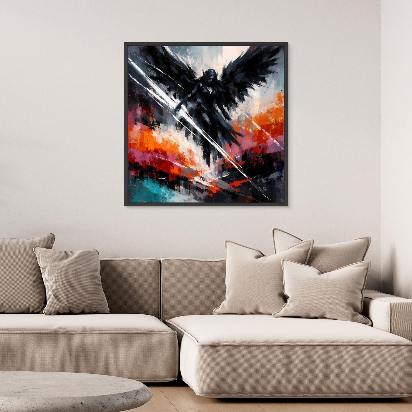 Abstraktes Leinwand-Wandbild mit schwarzem Engelsmotiv, schwarzer Rahmen