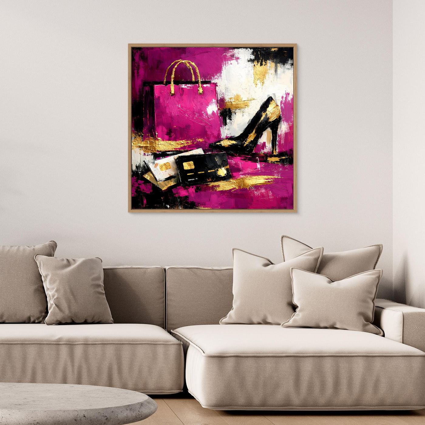 Leinwand Abstraktes Fashion Wandbild in Pink und Gold | Modernes High Heels & Shopping Gemälde