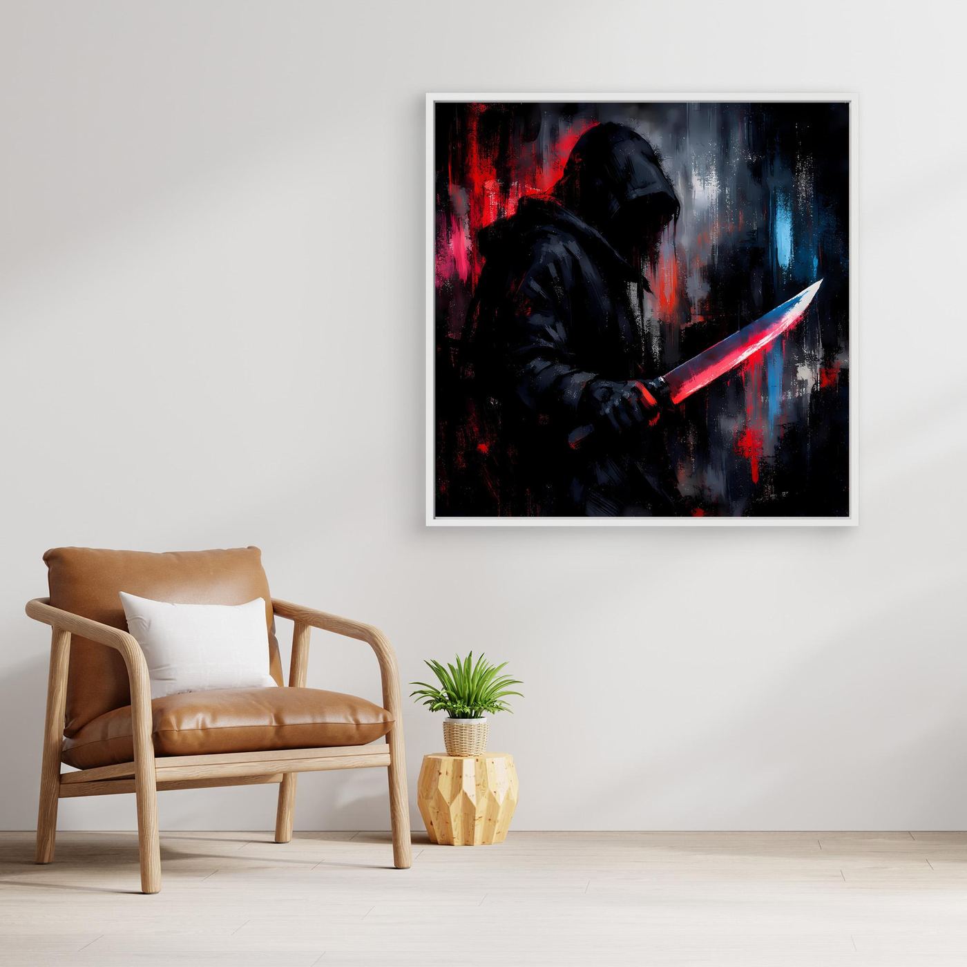 Gerahmtes Leinwand-Wandbild mit Schattenkrieger und neonrotem Schwert mit blauen Akzenten