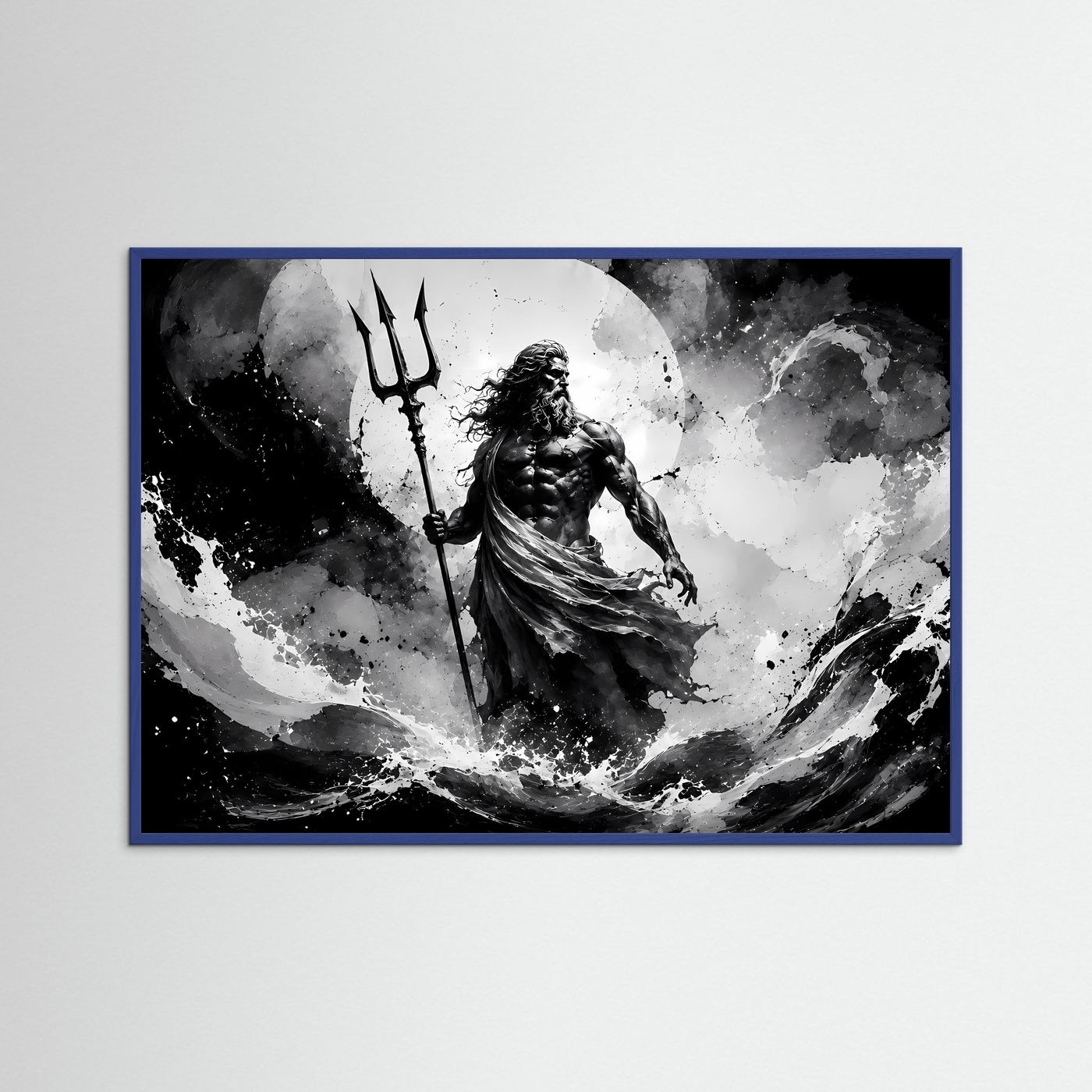 Poseidon Schwarz Weiß Wandbild | Griechische Mythologie Poster | Gott des Meeres mit Dreizack | Monochrome Fantasy Kunst | Moderne Leinwand
