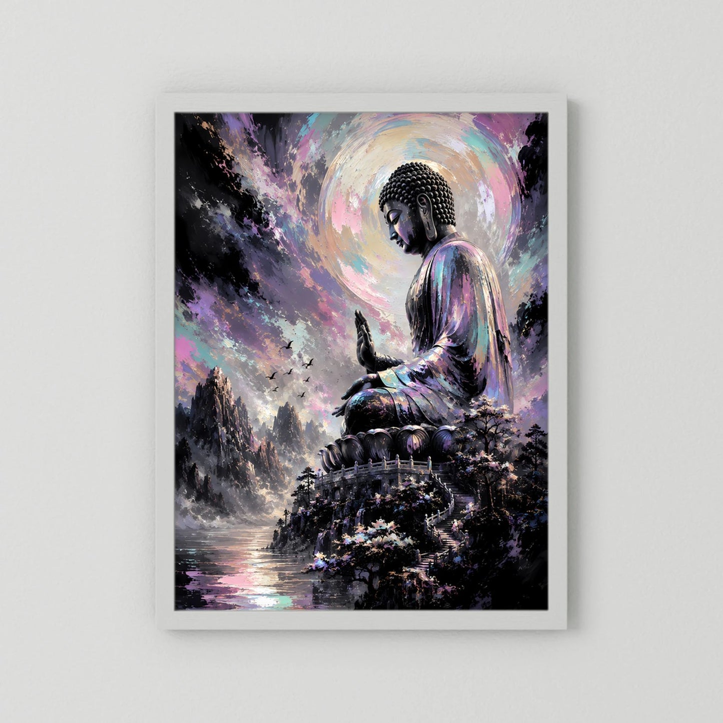 Kunstposter mit meditierendem Buddha in Pastellfarben, hellgrauer Rahmen, Hochformat