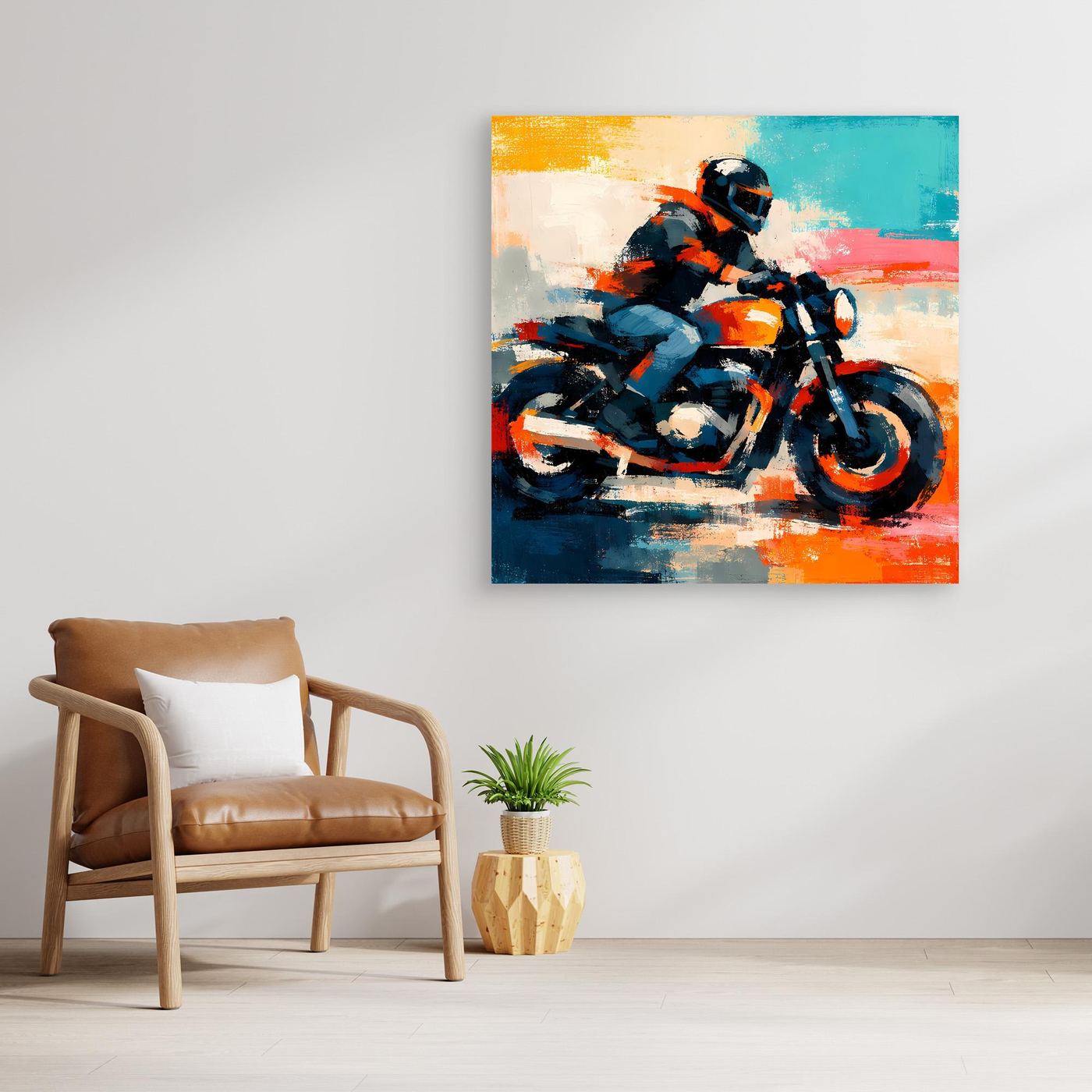 Framed abstract biker wall art showing a dark motorcycle with orange and blue strokes