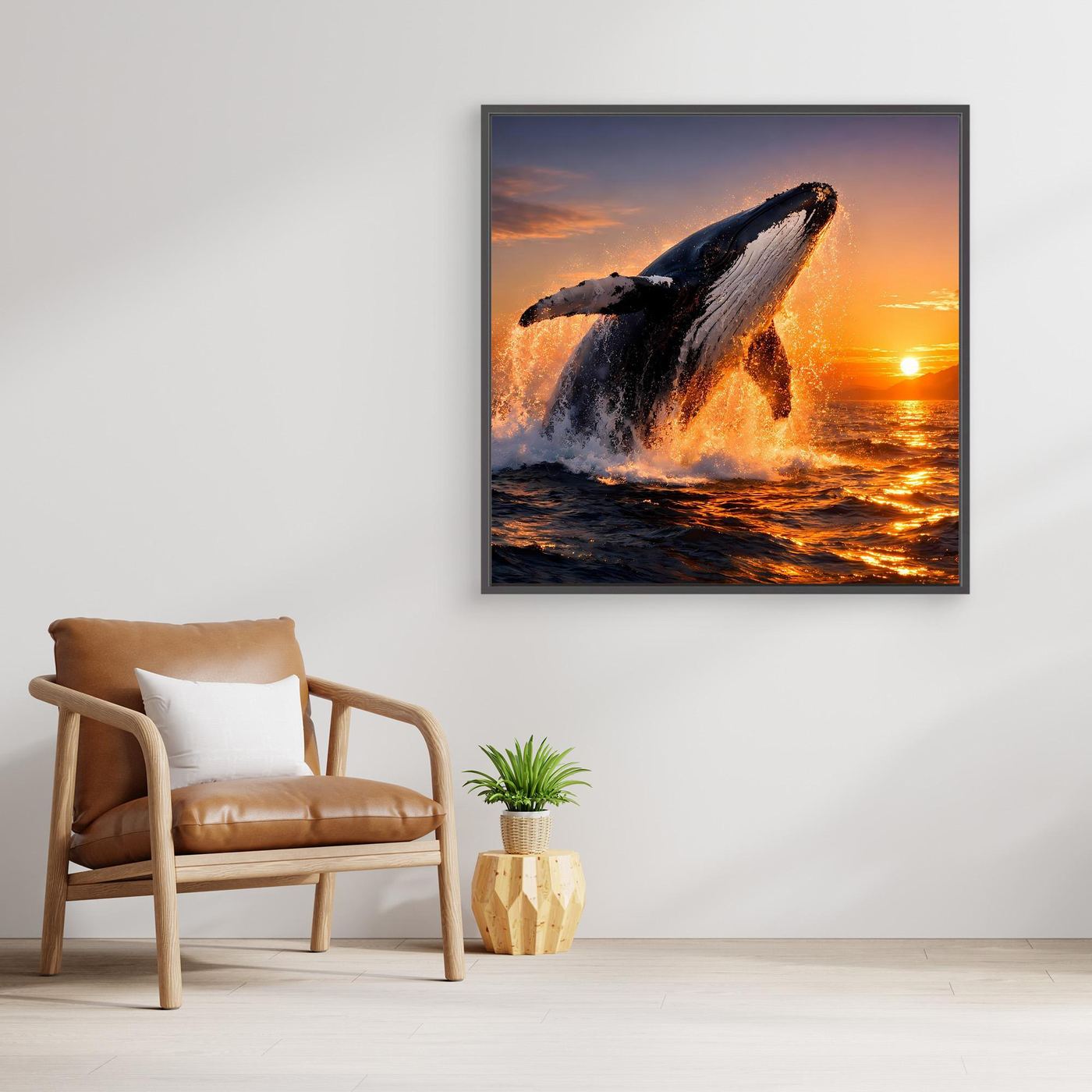 Leinwandbild mit springendem Buckelwal, dunkel gerahmt, Sonnenuntergang über dem Wasser