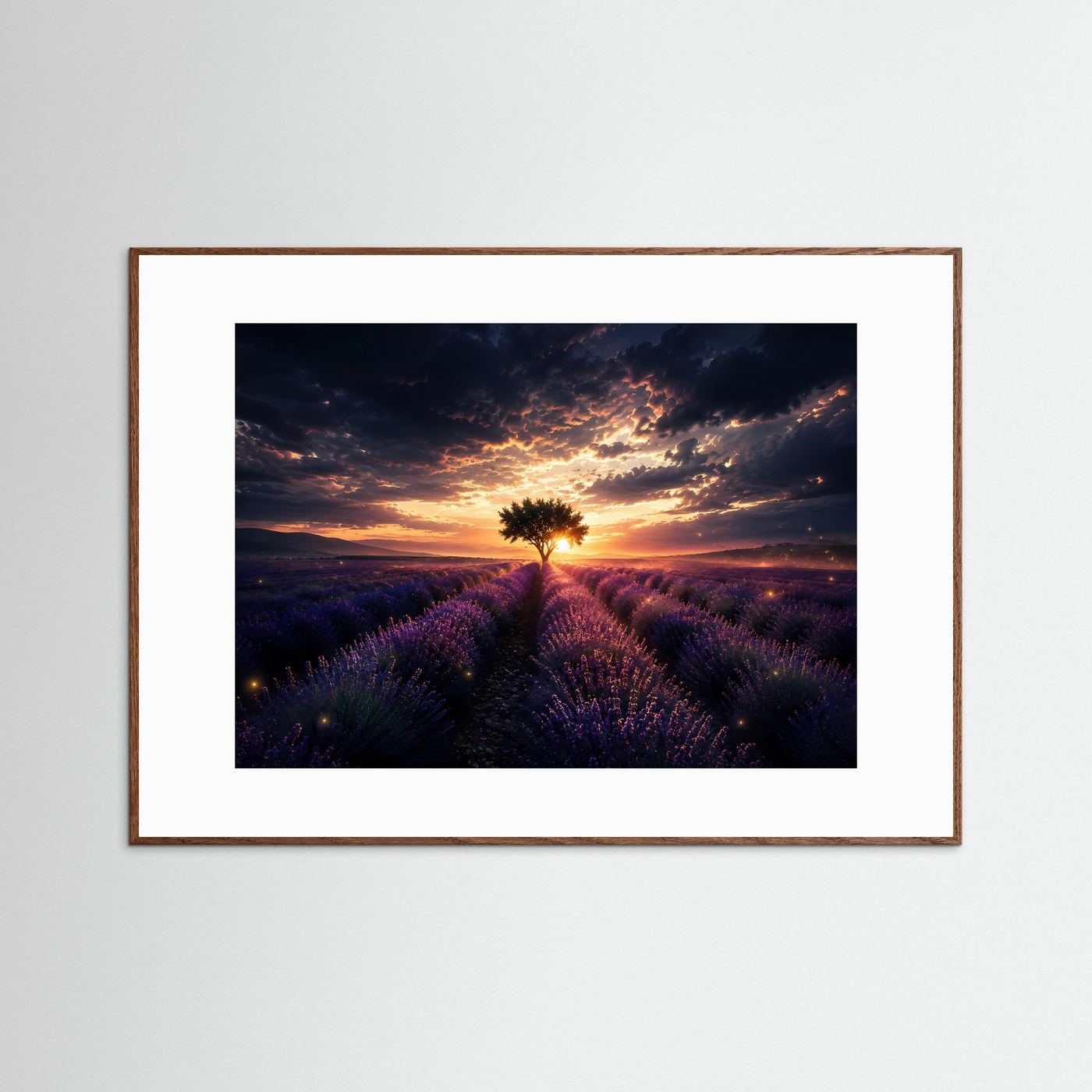 Lavendelfeld mit Baum Poster | Sonnenuntergang Landschaft Wandbild | Provence Lavendel Kunst | Natur Fine Art Print | Modernes Panorama