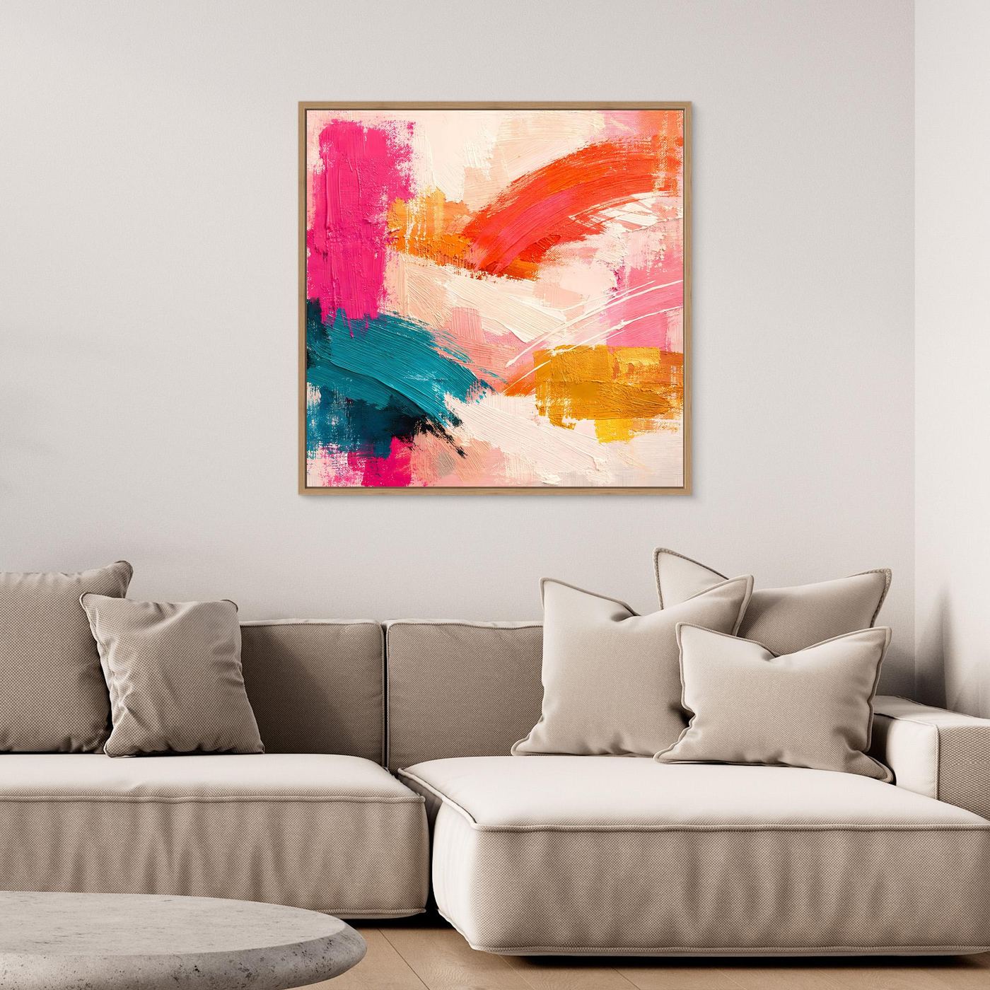 Abstraktes Leinwand-Wandbild im Pastellstil, pink-orange Teal, mit hellem Rahmen