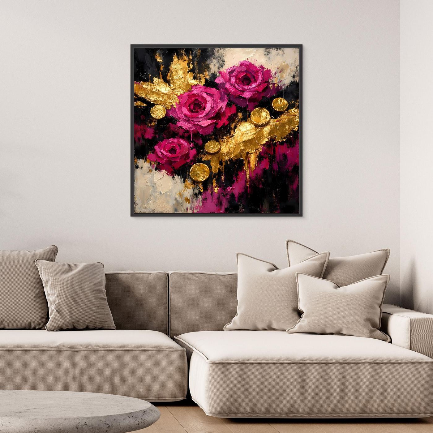 Leinwand Elegante Rosen in Magenta | Abstraktes Blumen Wandbild Gold