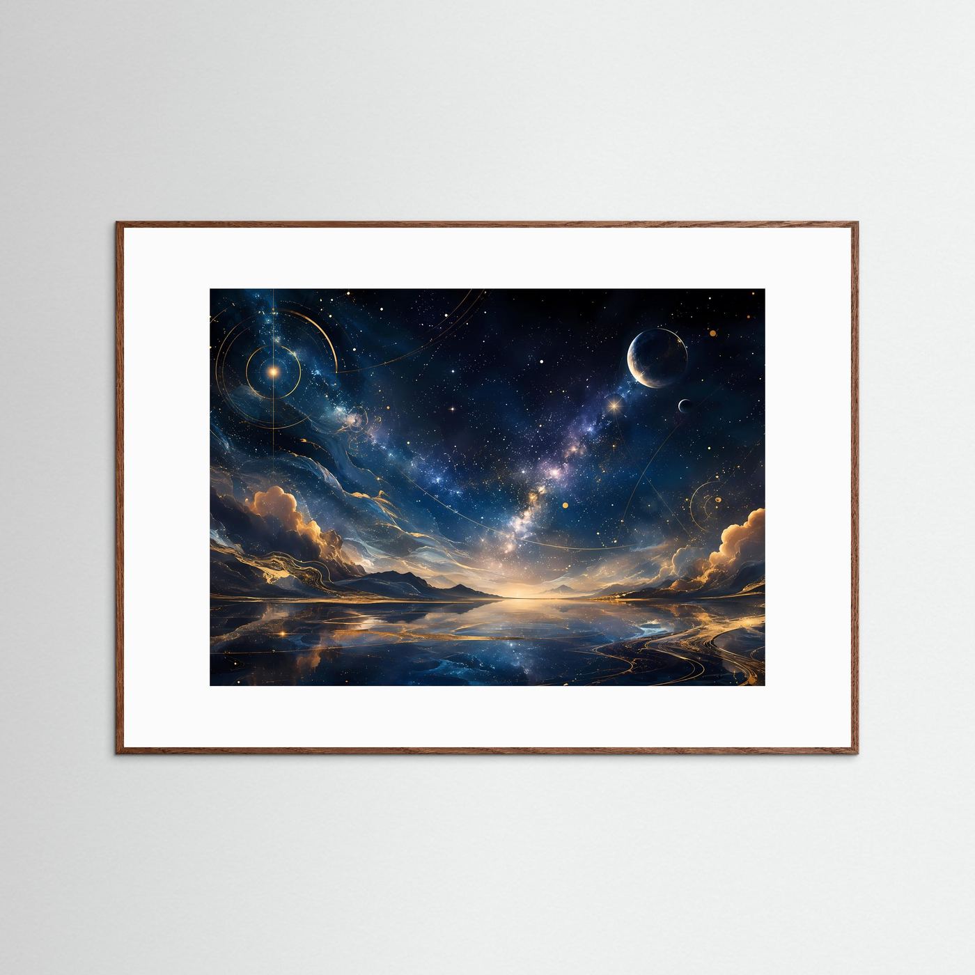 Wandkunst mit kosmischer Landschaft, Sternen und Planeten in Blau und Gold, Querformat im Holzrahmen