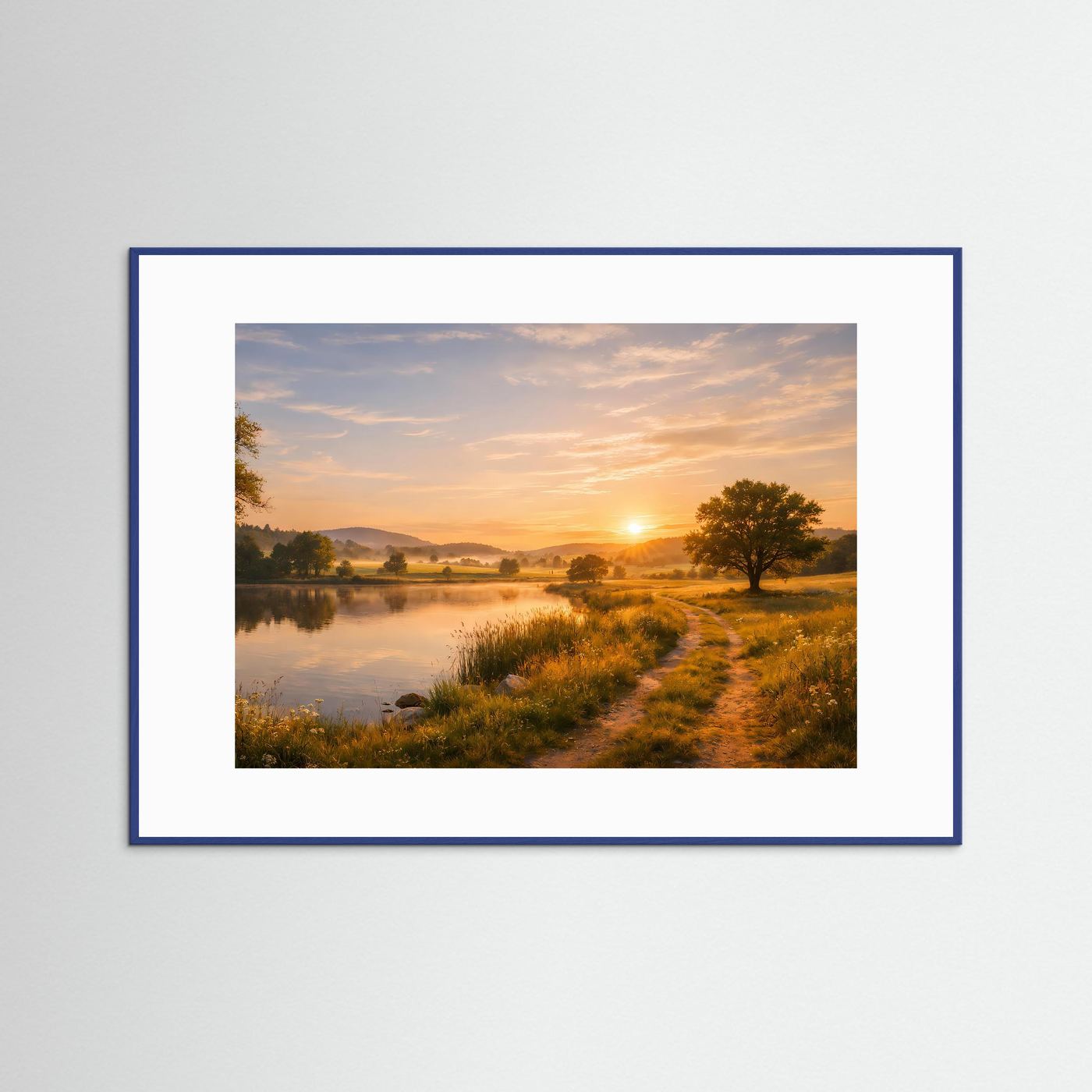 Naturposter mit Flusslauf und Sonnenaufgang, blauer Rahmen im Querformat