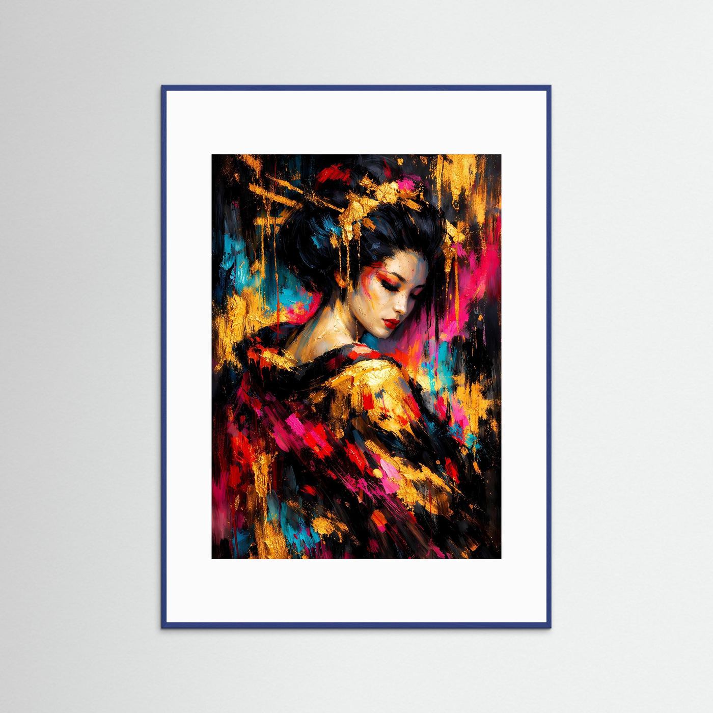 Kunstposter im Hochformat mit Geisha-Porträt in bunten Pinselstrichen, blauer Rahmen