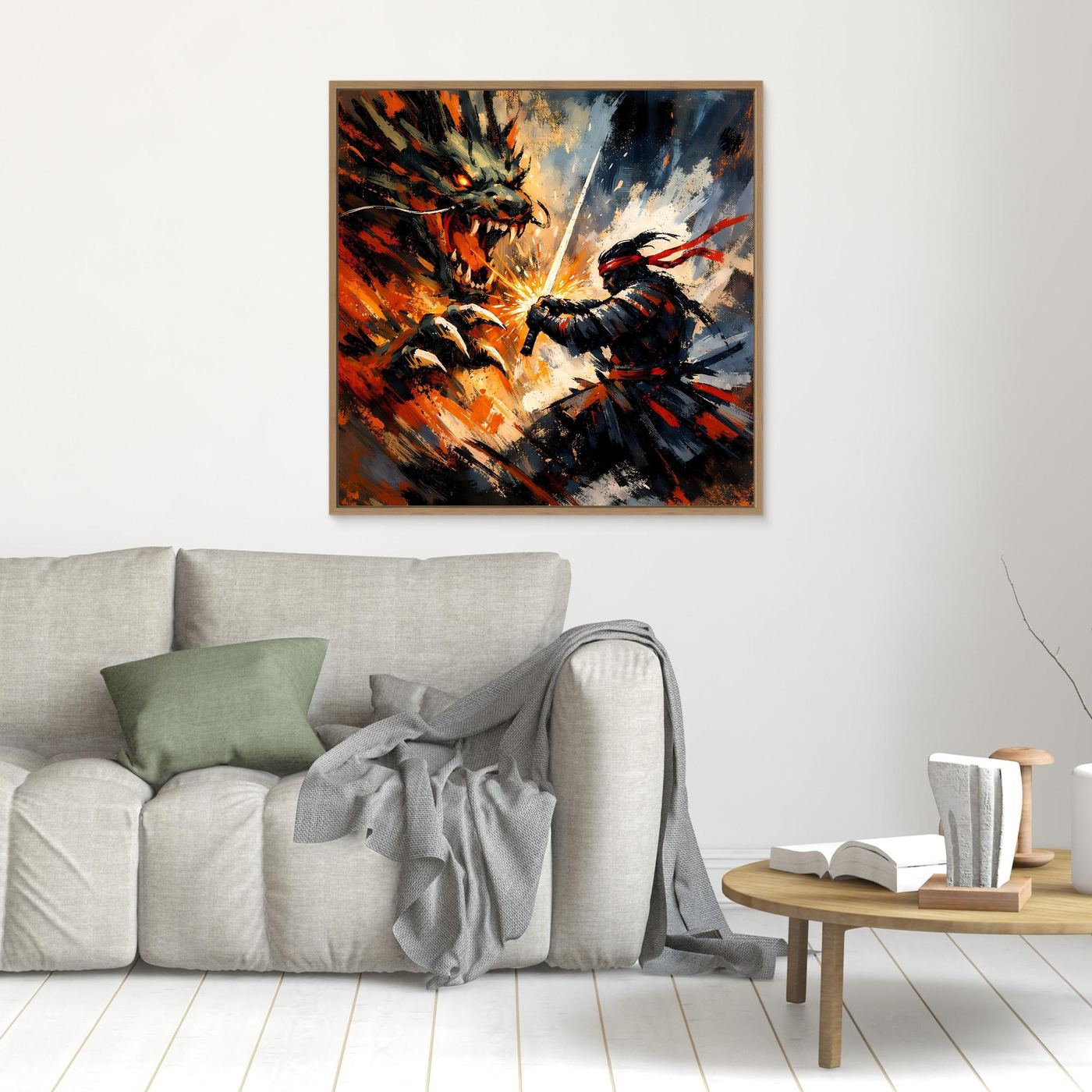 Premium Leinwand Samurai gegen Drache | Abstraktes Fantasy Wandbild Voller Dynamik & Kampfgeist