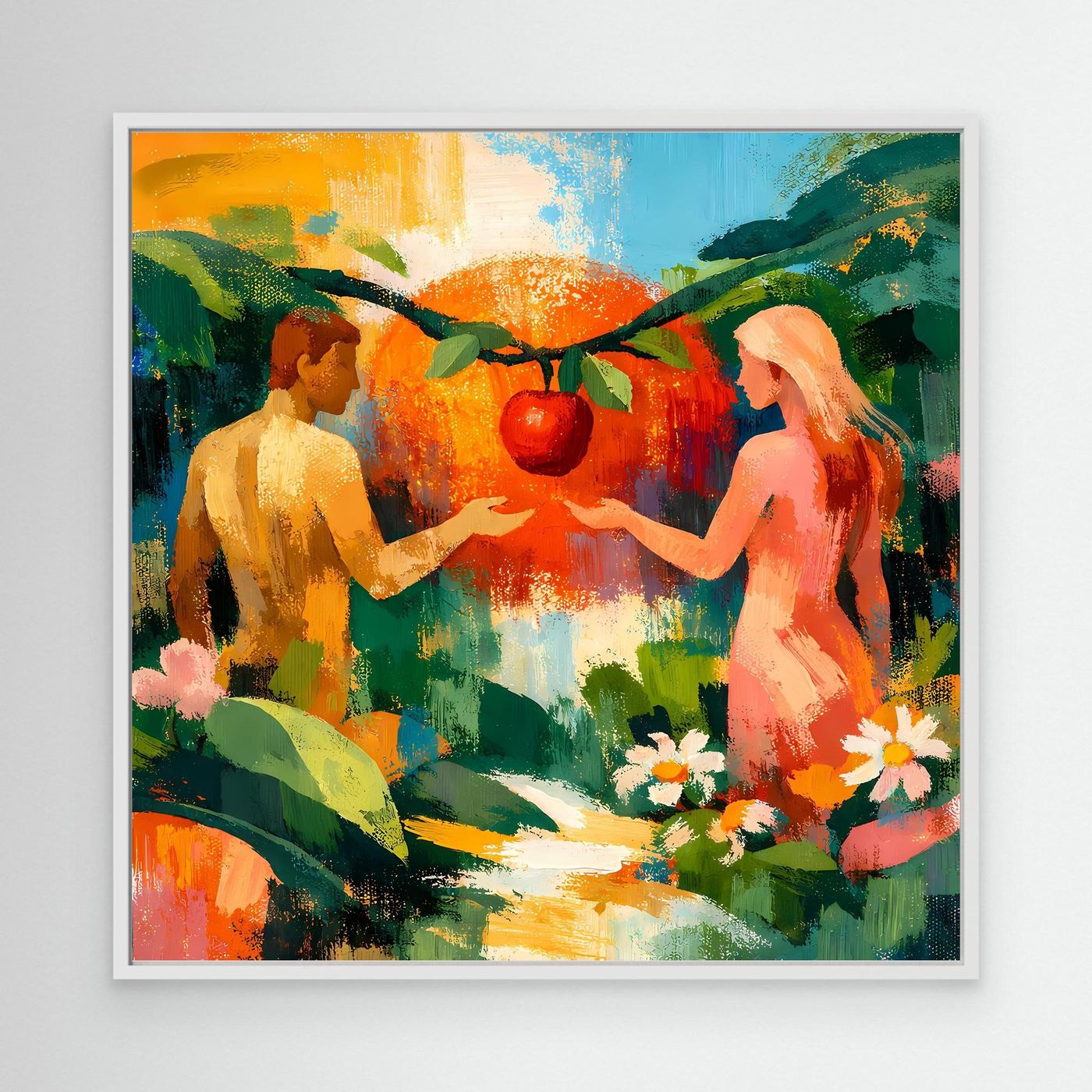 Abstract garden Eden wall canvas with white frame, two nude figures and red fruit