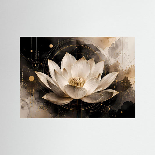 Querformat-Poster mit abstrakter Lotusblüte in Weiß, Schwarz und Gold
