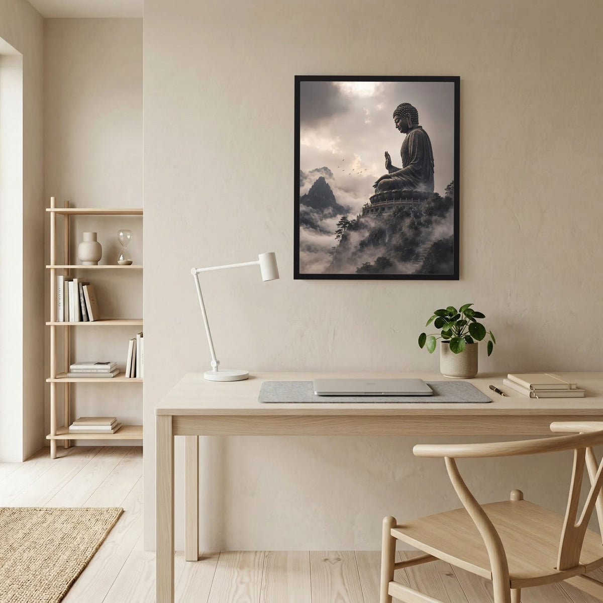 Gerahmtes Poster im Hochformat mit sitzendem Buddha und betenden Händen vor nebligen Bergen