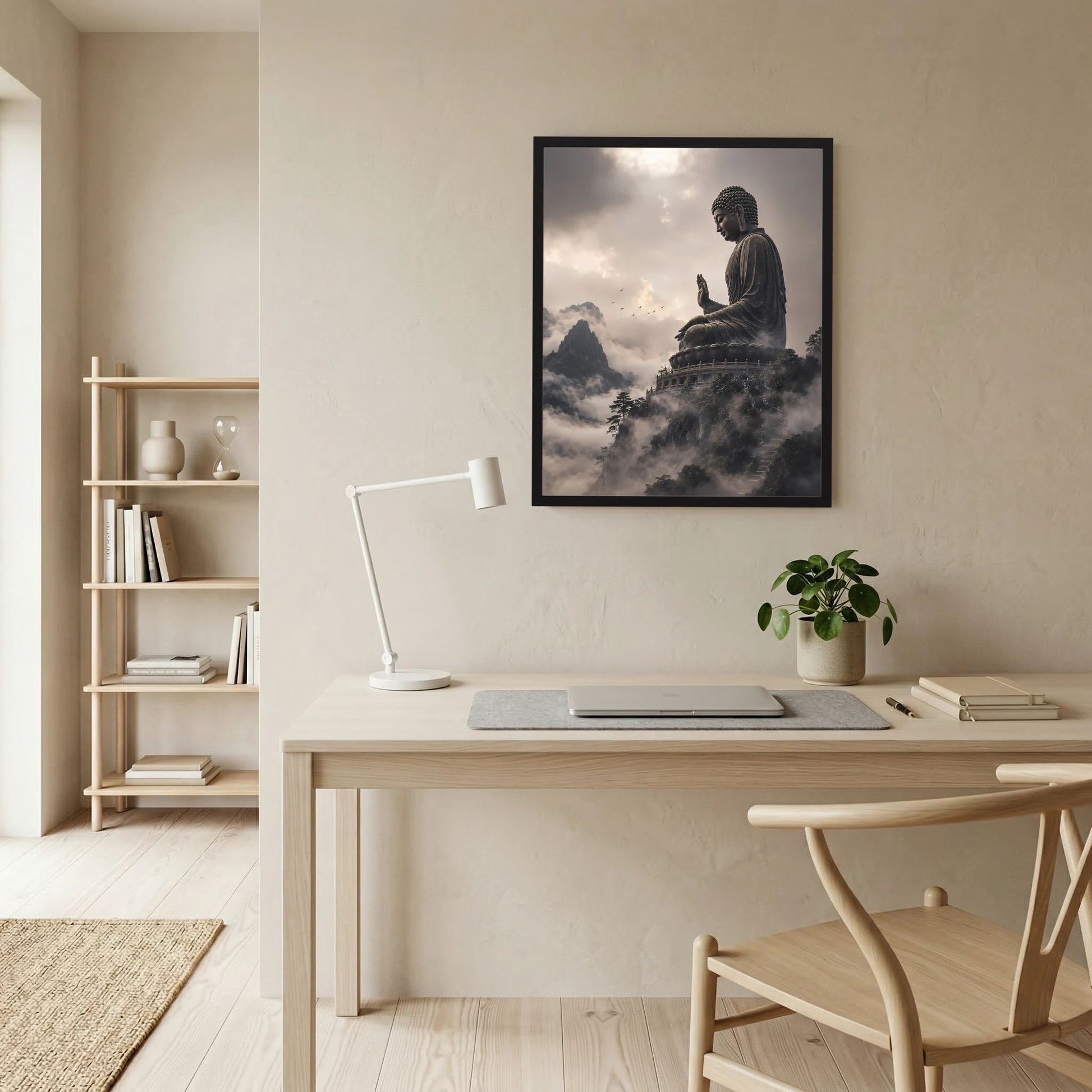 Gerahmtes Poster im Hochformat mit sitzendem Buddha und betenden Händen vor nebligen Bergen