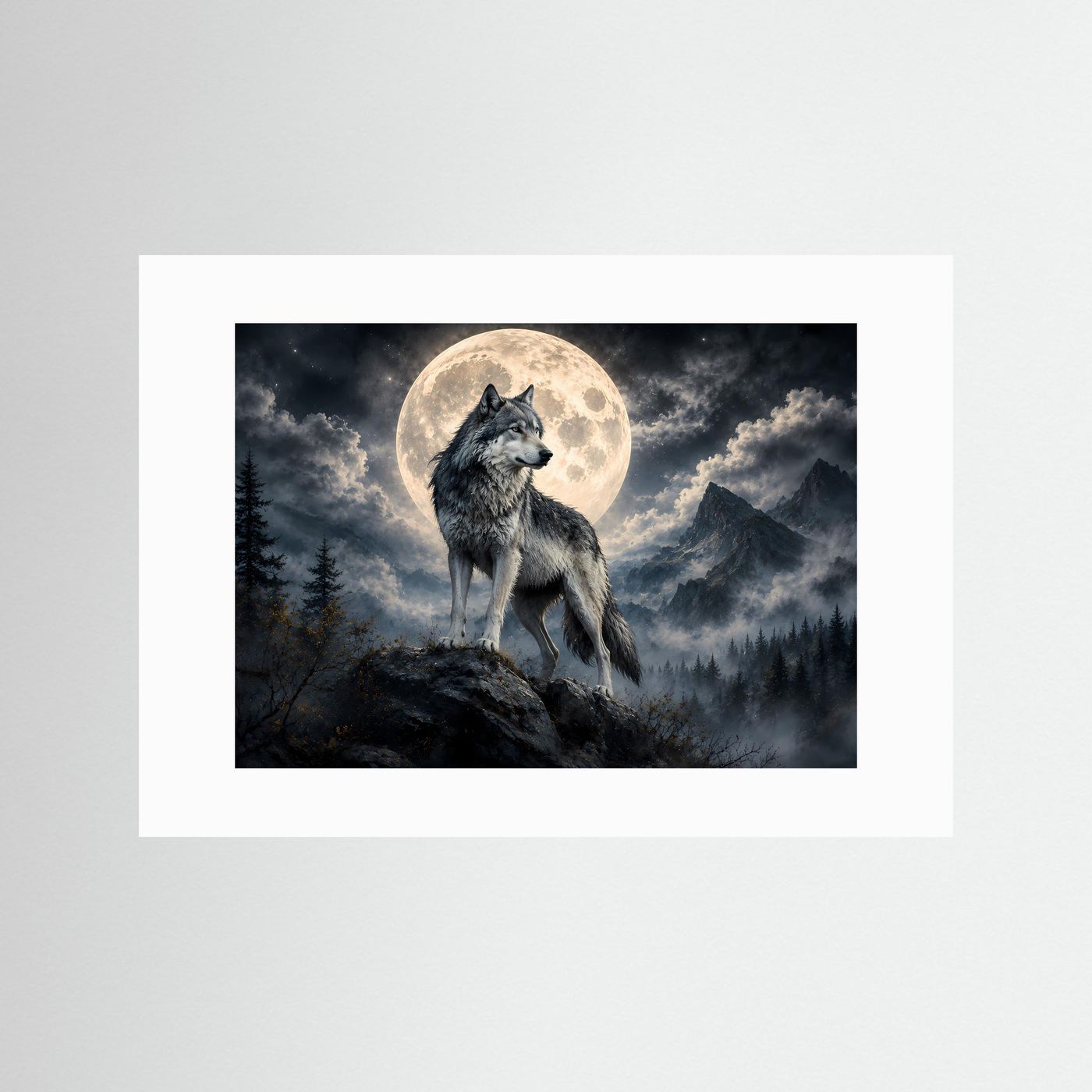 Wolf vor Vollmond Poster | Mystische Berglandschaft bei Nacht | Majestätischer Wolf Wandbild | Mondlicht Naturkunst | Premium Leinwand & Wall Art