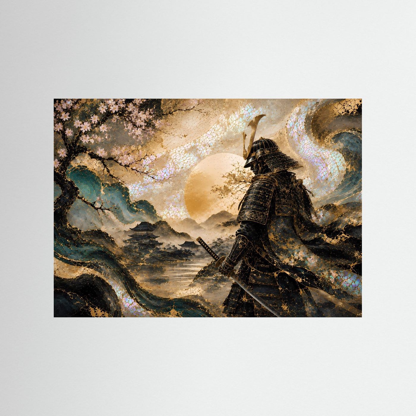 Wandkunst-Kunstdruck mit Samurai in Rüstung, Kirschblütenzweig und goldener Landschaft